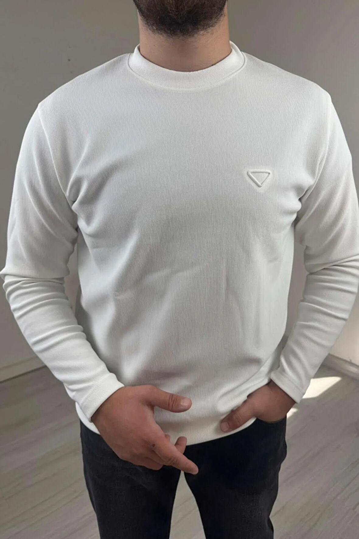 Explode - Erkek Beyaz Bisiklet Yaka Slim Kazak