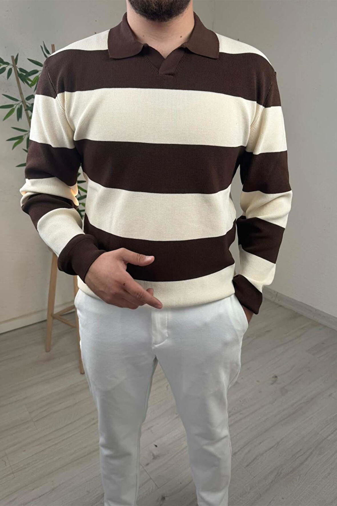 Explode - Erkek Ekru - Kahve Şerit Desenli Polo Yaka Oversize Triko Kazak