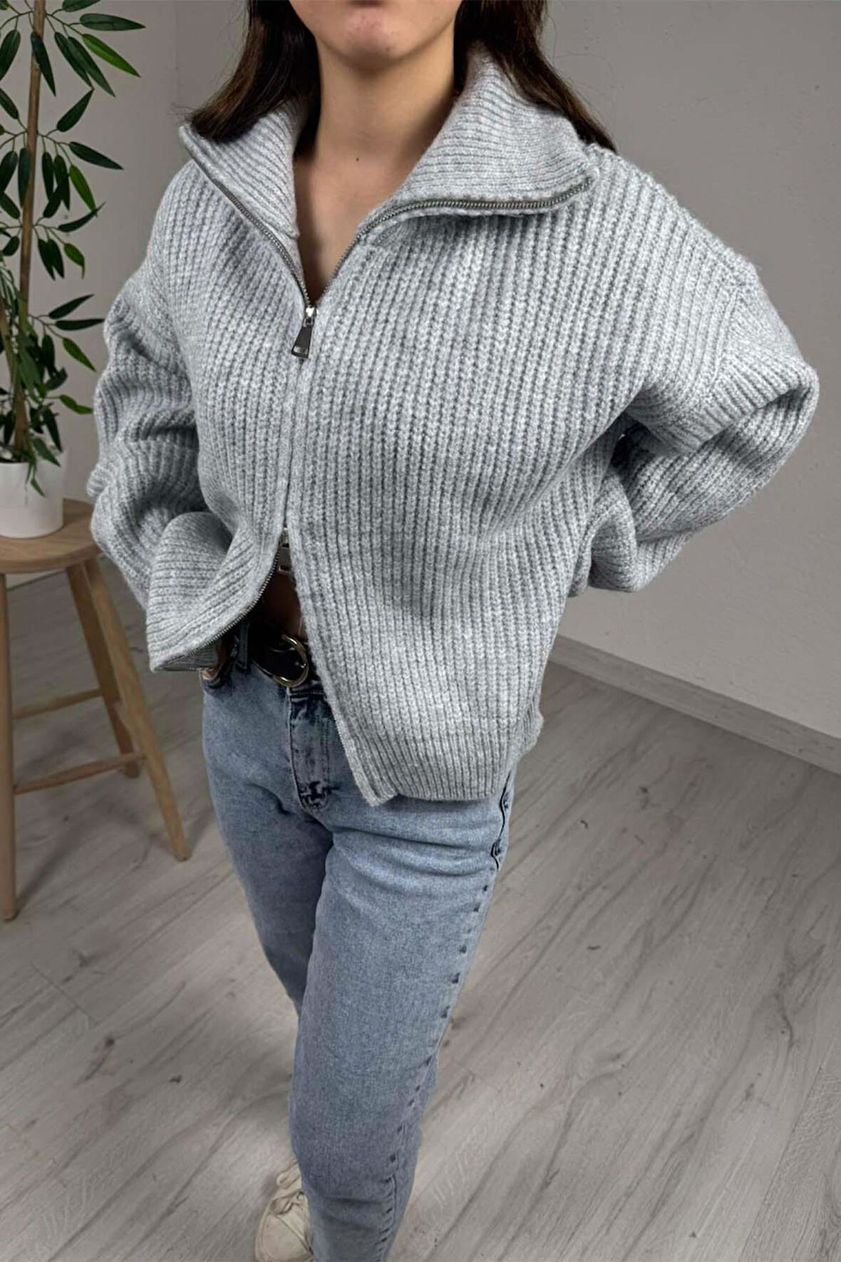 Explode - Kadın Premium Gri Çift Fermuarlı Overisize Triko Kazak