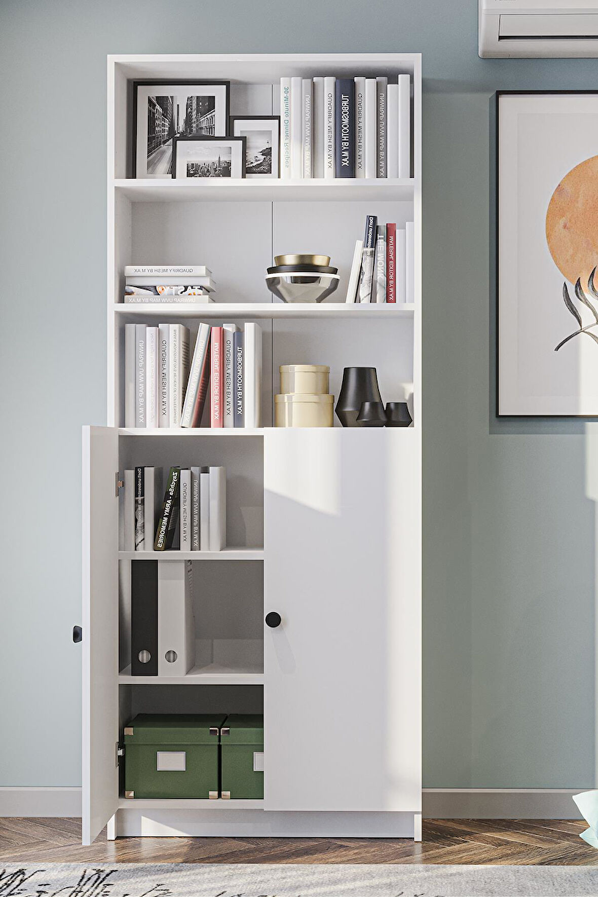 Bili Kitaplık 5 Raflı 2 Kapaklı Çok Amaçlı Ofis Salon Kitap Dosya Rafı Beyaz