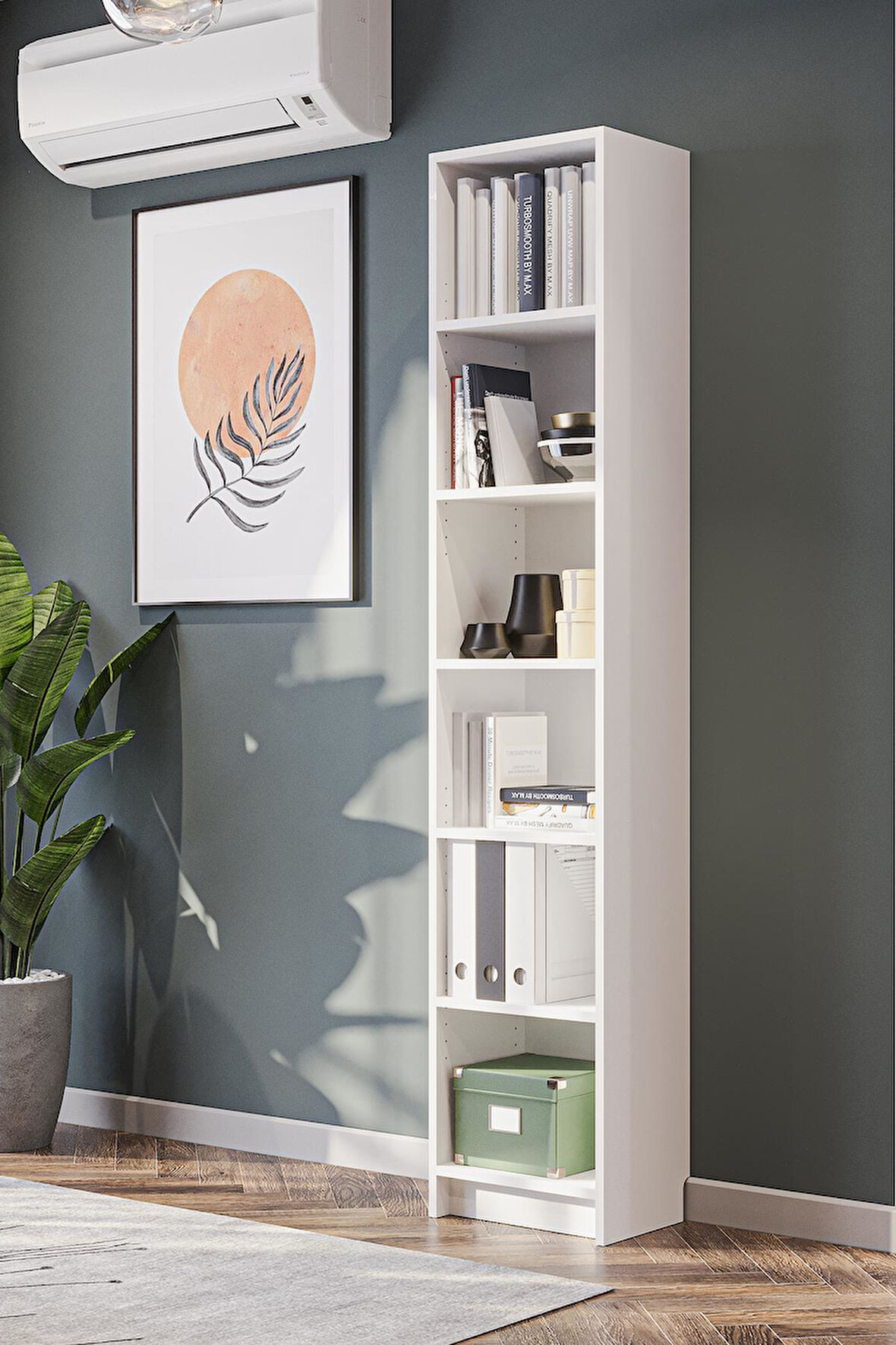 Bili Kitaplık 5 Raflı Dar Çok Amaçlı Ofis Salon Kitap Dosya Rafı Beyaz