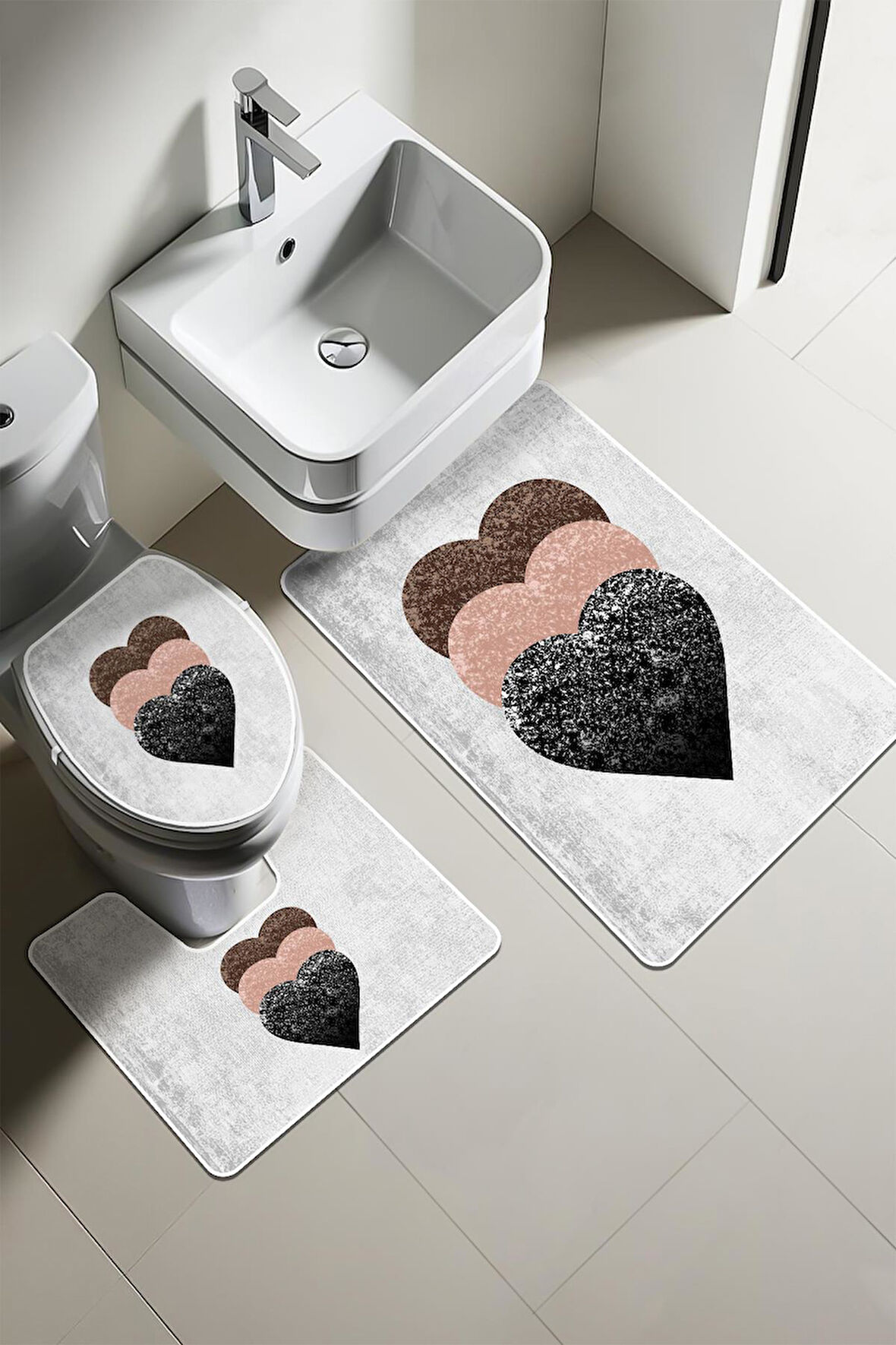 Modern Desenli Dijital Baskı 3’lü Banyo Paspas Takımı Yıkanabilir Kaymaz Tabanlı Klozet Takımı KLZ0001