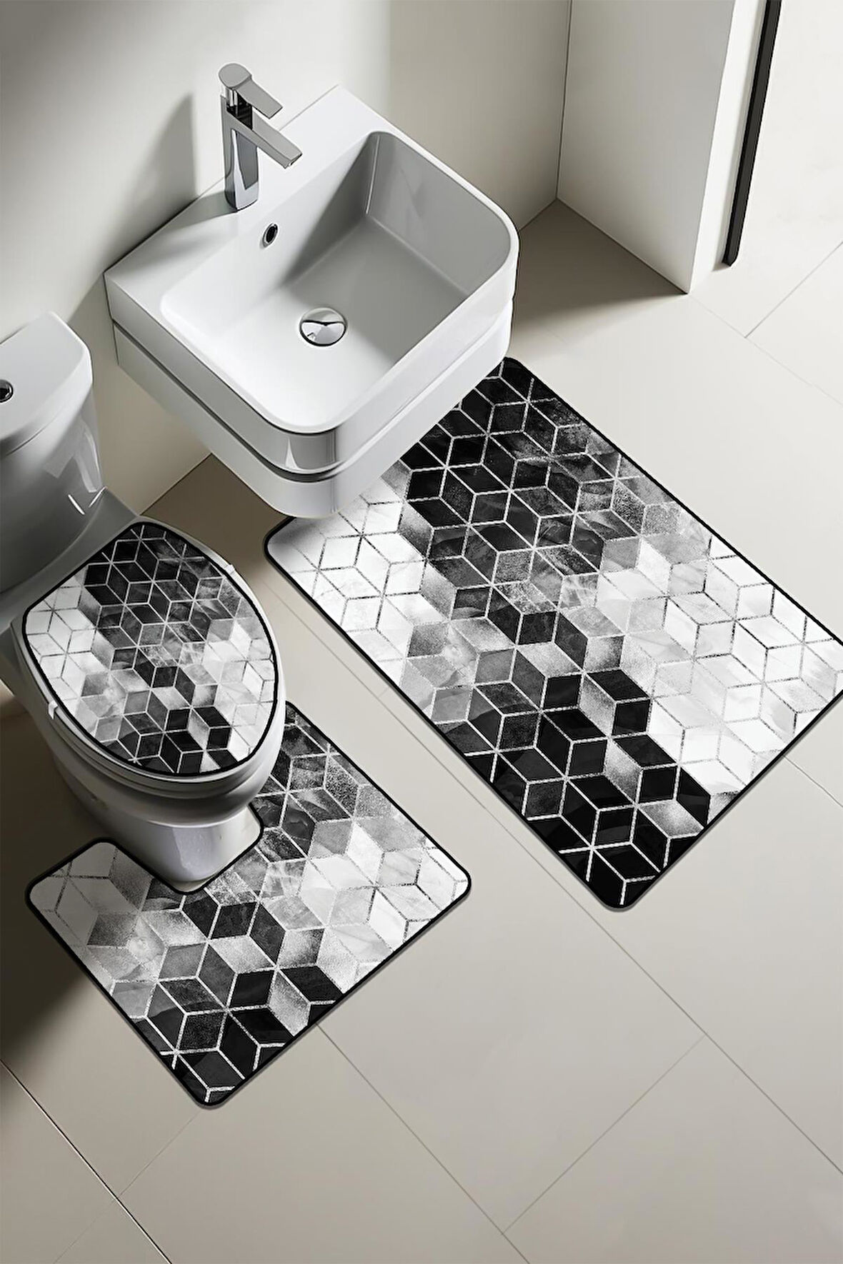 Modern Desenli Dijital Baskı 3’lü Banyo Paspas Takımı Yıkanabilir Kaymaz Tabanlı Klozet Takımı KLZ0002