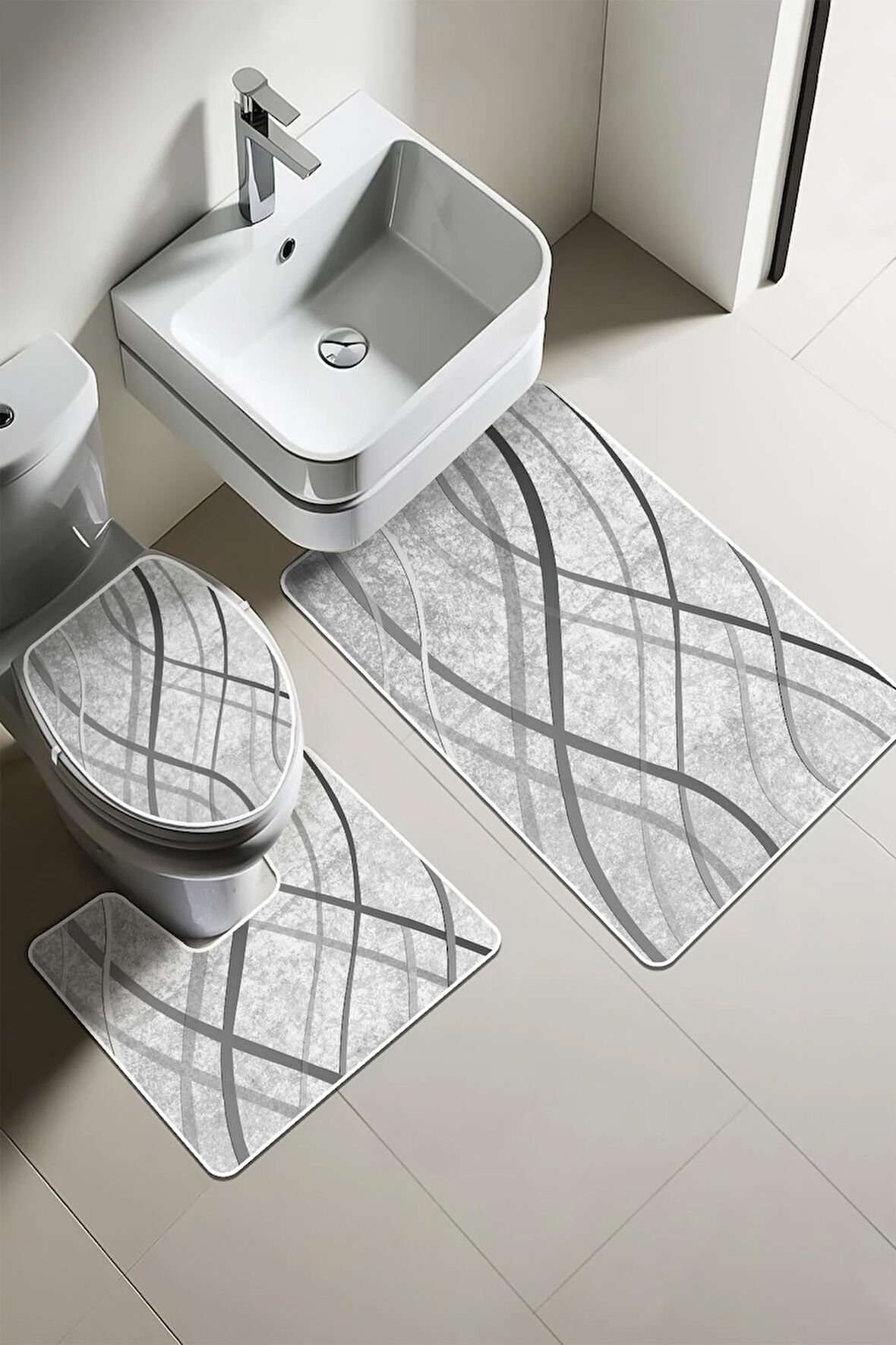 Modern Desenli Dijital Baskı 3’lü Banyo Paspas Takımı Yıkanabilir Kaymaz Tabanlı Klozet Takımı KLZ0004