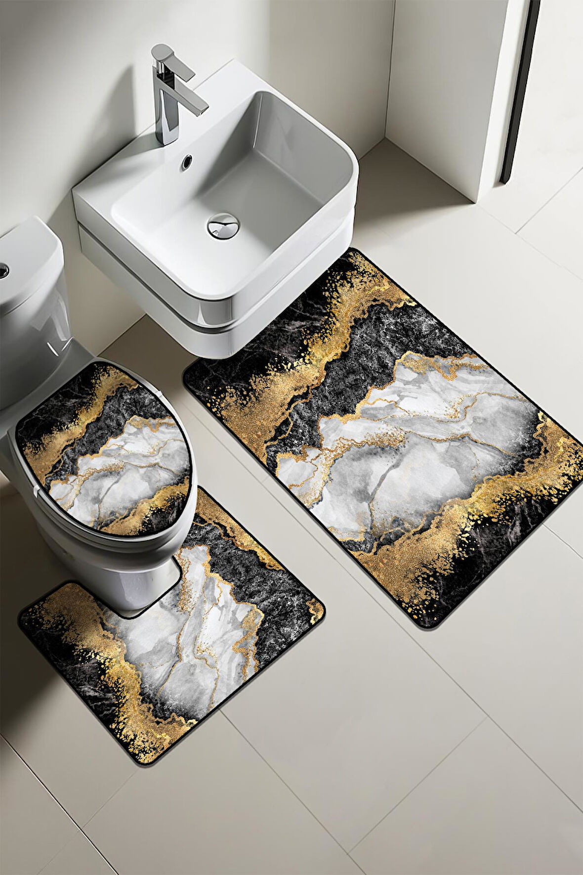 Modern Desenli Dijital Baskı 3’lü Banyo Paspas Takımı Yıkanabilir Kaymaz Tabanlı Klozet Takımı KLZ0007