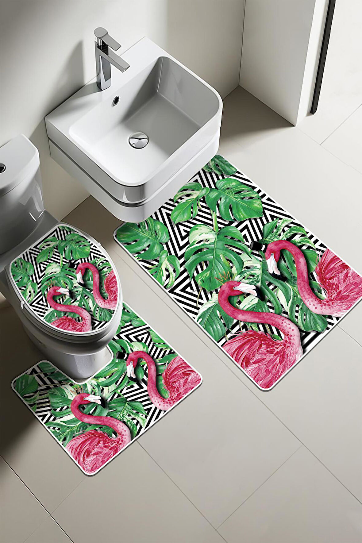 Modern Desenli Dijital Baskı 3’lü Banyo Paspas Takımı Yıkanabilir Kaymaz Tabanlı Klozet Takımı KLZ0008