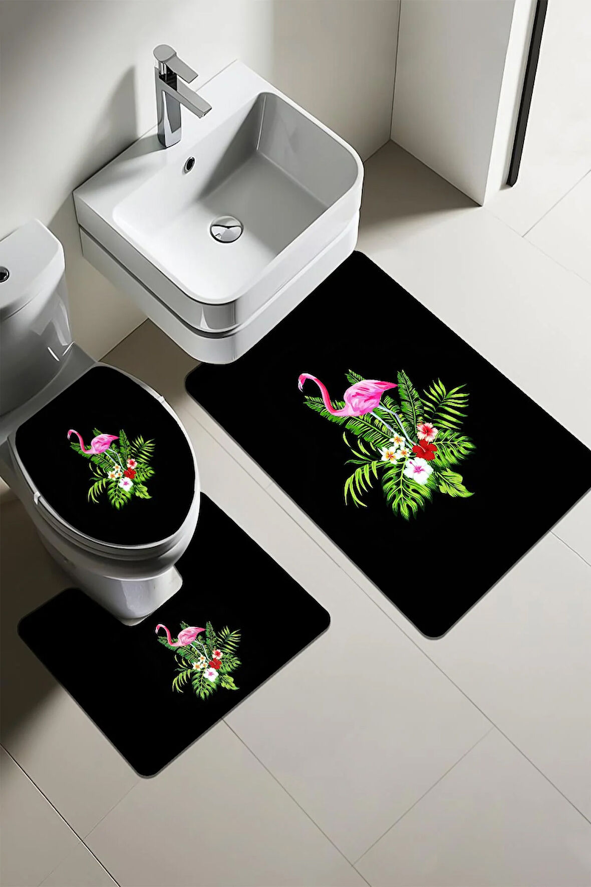 Modern Desenli Dijital Baskı 3’lü Banyo Paspas Takımı Yıkanabilir Kaymaz Tabanlı Klozet Takımı KLZ0009