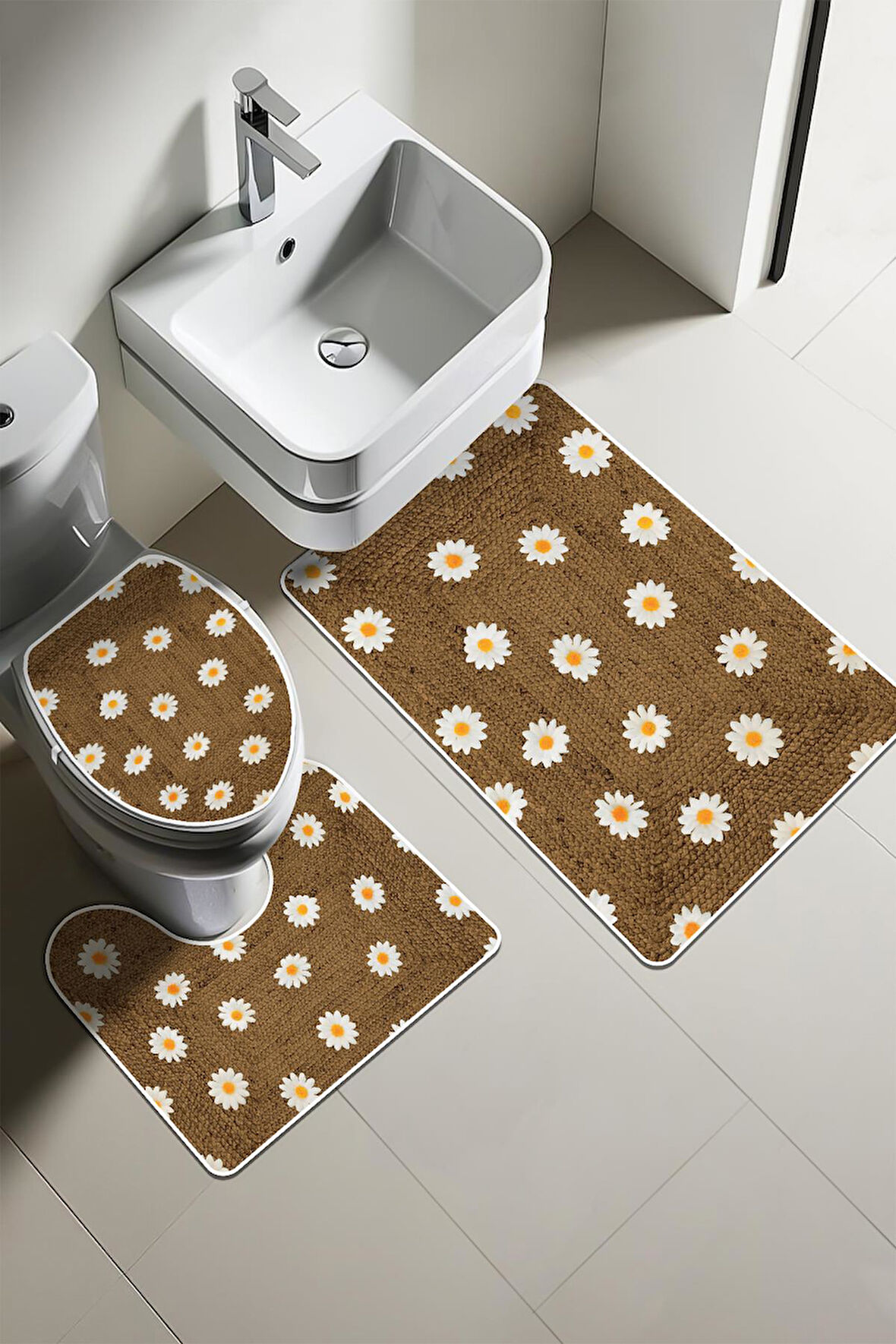 Modern Desenli Dijital Baskı 3’lü Banyo Paspas Takımı Yıkanabilir Kaymaz Tabanlı Klozet Takımı KLZ0012