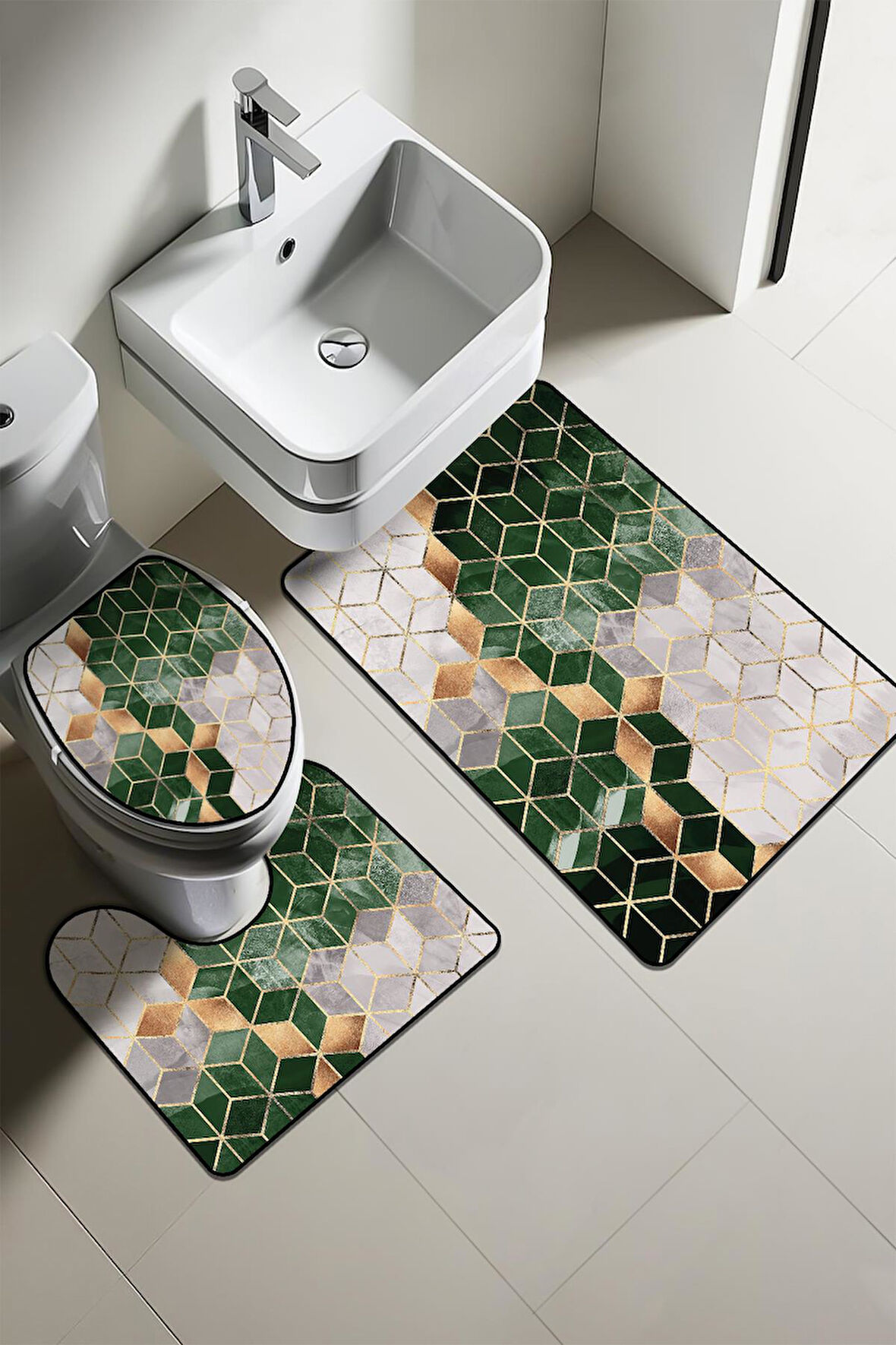 Modern Desenli Dijital Baskı 3’lü Banyo Paspas Takımı Yıkanabilir Kaymaz Tabanlı Klozet Takımı KLZ0013