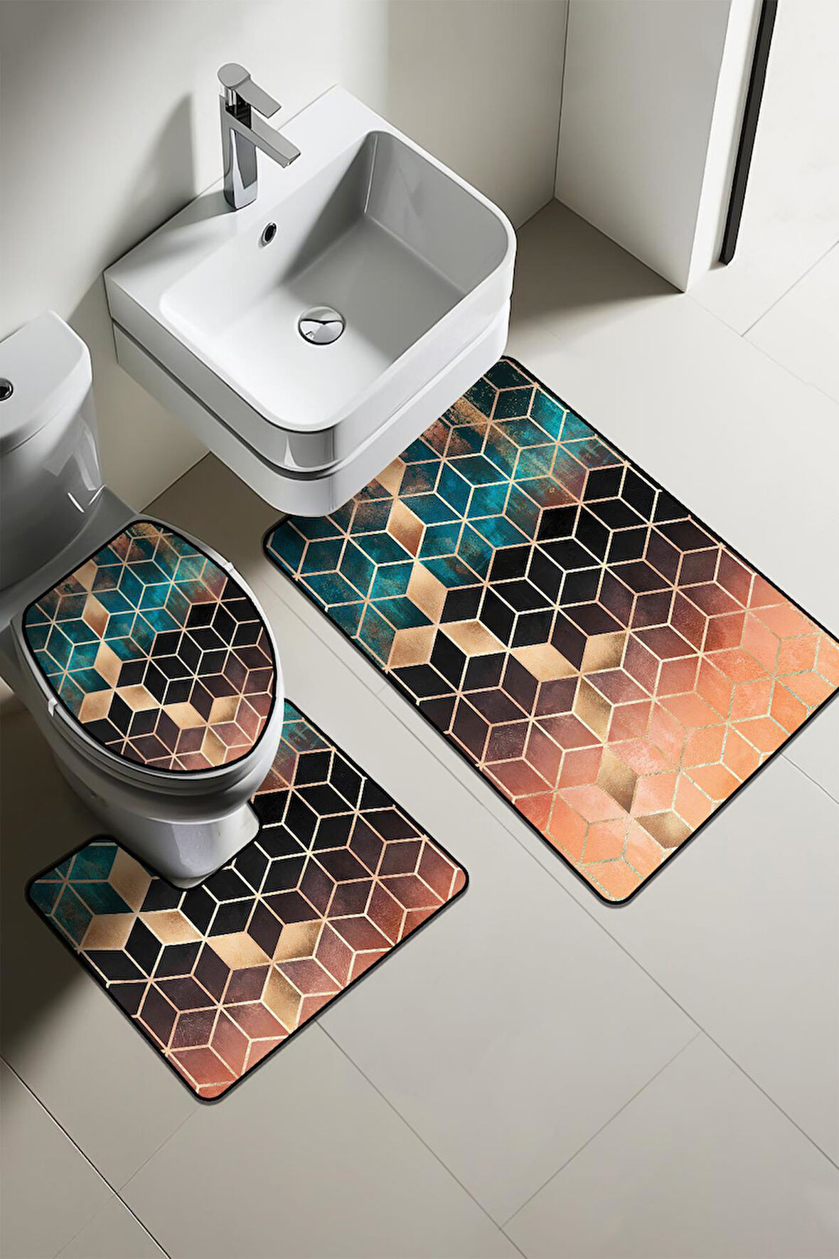 Modern Desenli Dijital Baskı 3’lü Banyo Paspas Takımı Yıkanabilir Kaymaz Tabanlı Klozet Takımı KLZ0014