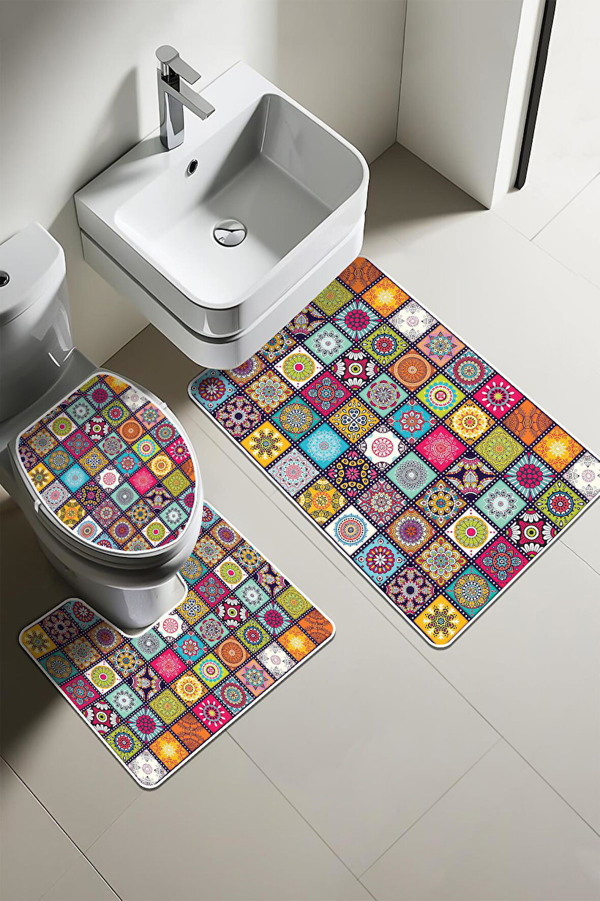 Modern Desenli Dijital Baskı 3’lü Banyo Paspas Takımı Yıkanabilir Kaymaz Tabanlı Klozet Takımı KLZ0015