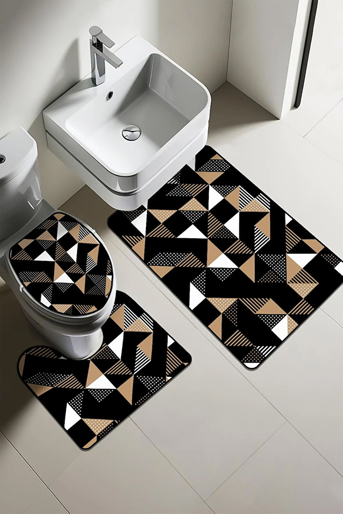 Modern Desenli Dijital Baskı 3’lü Banyo Paspas Takımı Yıkanabilir Kaymaz Tabanlı Klozet Takımı KLZ0016