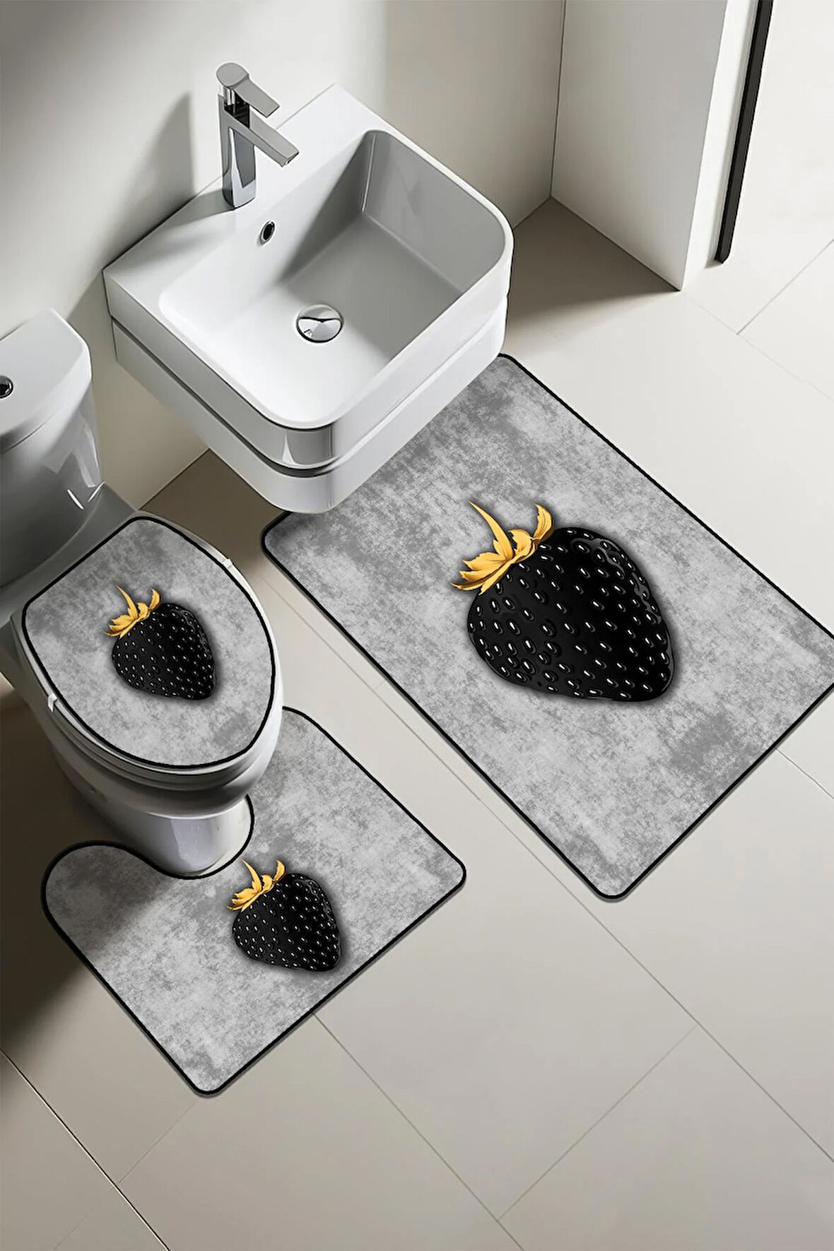 Modern Desenli Dijital Baskı 3’lü Banyo Paspas Takımı Yıkanabilir Kaymaz Tabanlı Klozet Takımı KLZ0017