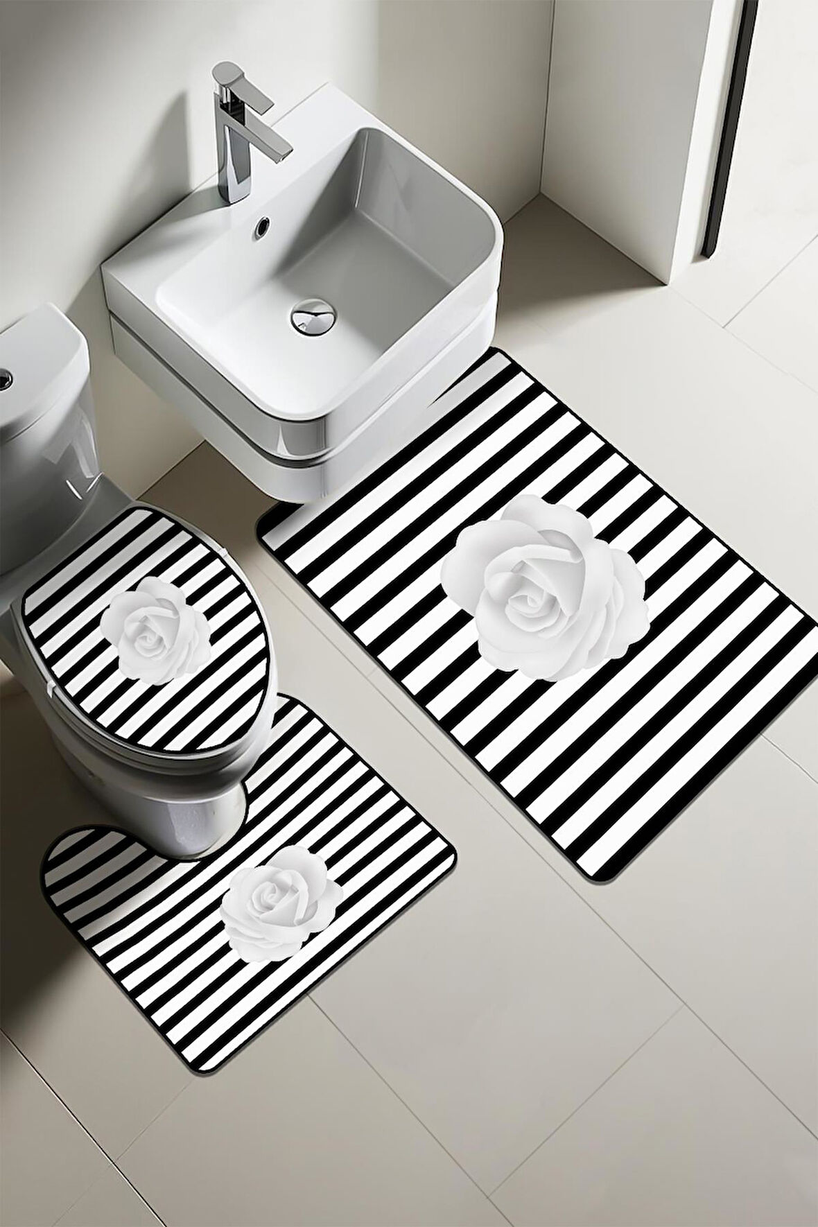 Modern Desenli Dijital Baskı 3’lü Banyo Paspas Takımı Yıkanabilir Kaymaz Tabanlı Klozet Takımı KLZ0018