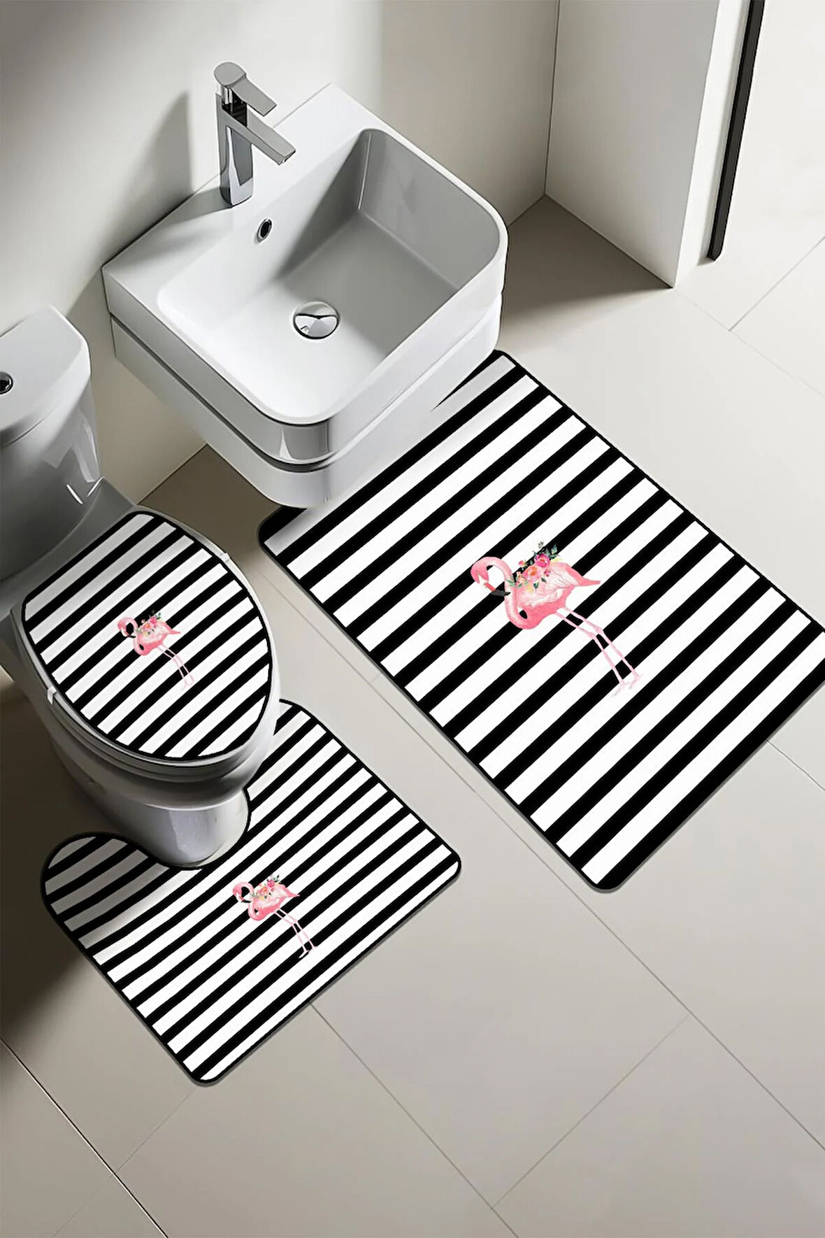 Modern Desenli Dijital Baskı 3’lü Banyo Paspas Takımı Yıkanabilir Kaymaz Tabanlı Klozet Takımı KLZ0021