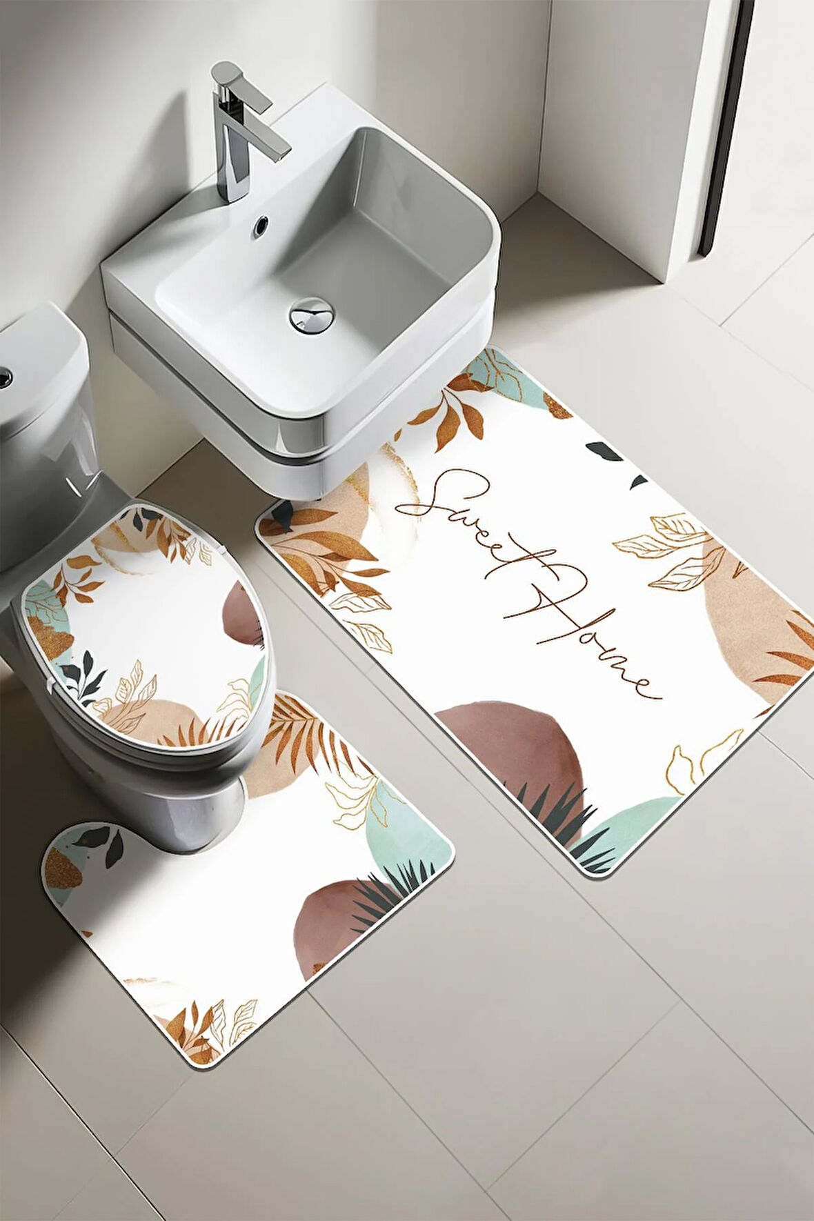 Modern Desenli Dijital Baskı 3’lü Banyo Paspas Takımı Yıkanabilir Kaymaz Tabanlı Klozet Takımı KLZ0022
