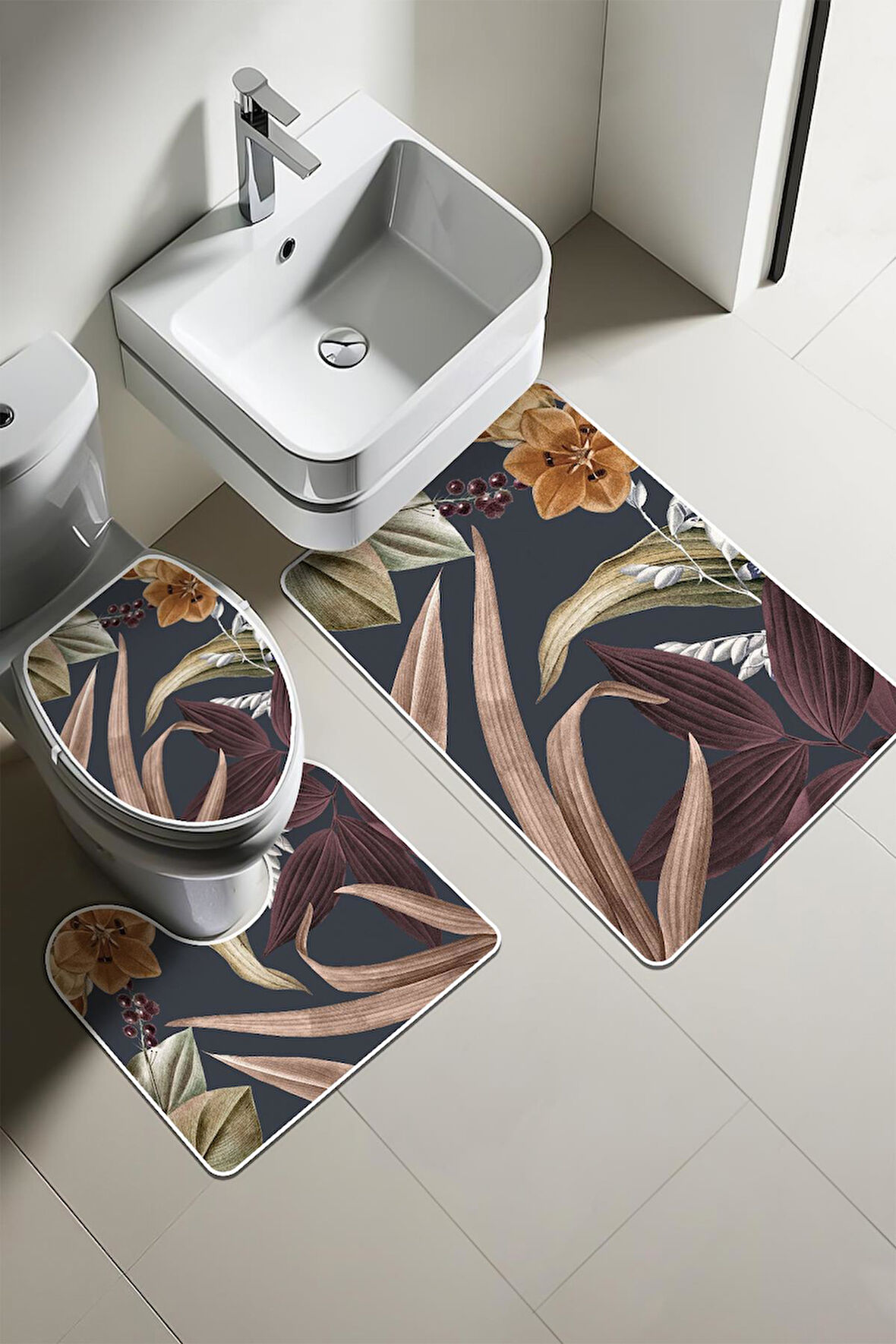 Modern Desenli Dijital Baskı 3’lü Banyo Paspas Takımı Yıkanabilir Kaymaz Tabanlı Klozet Takımı KLZ0024