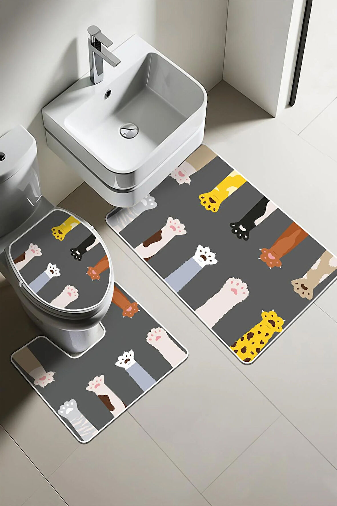 Modern Desenli Dijital Baskı 3’lü Banyo Paspas Takımı Yıkanabilir Kaymaz Tabanlı Klozet Takımı KLZ0027