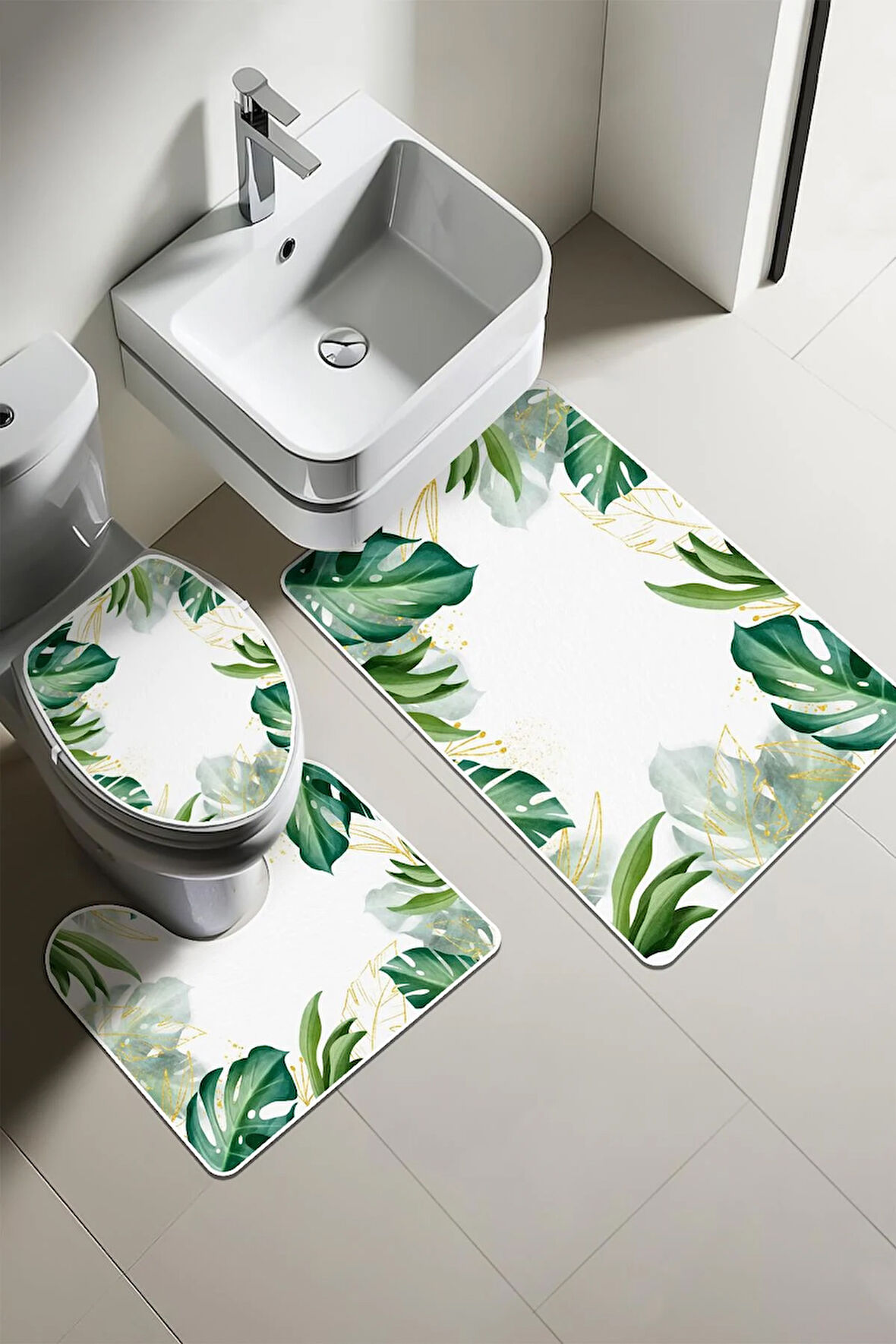 Modern Desenli Dijital Baskı 3’lü Banyo Paspas Takımı Yıkanabilir Kaymaz Tabanlı Klozet Takımı KLZ0028