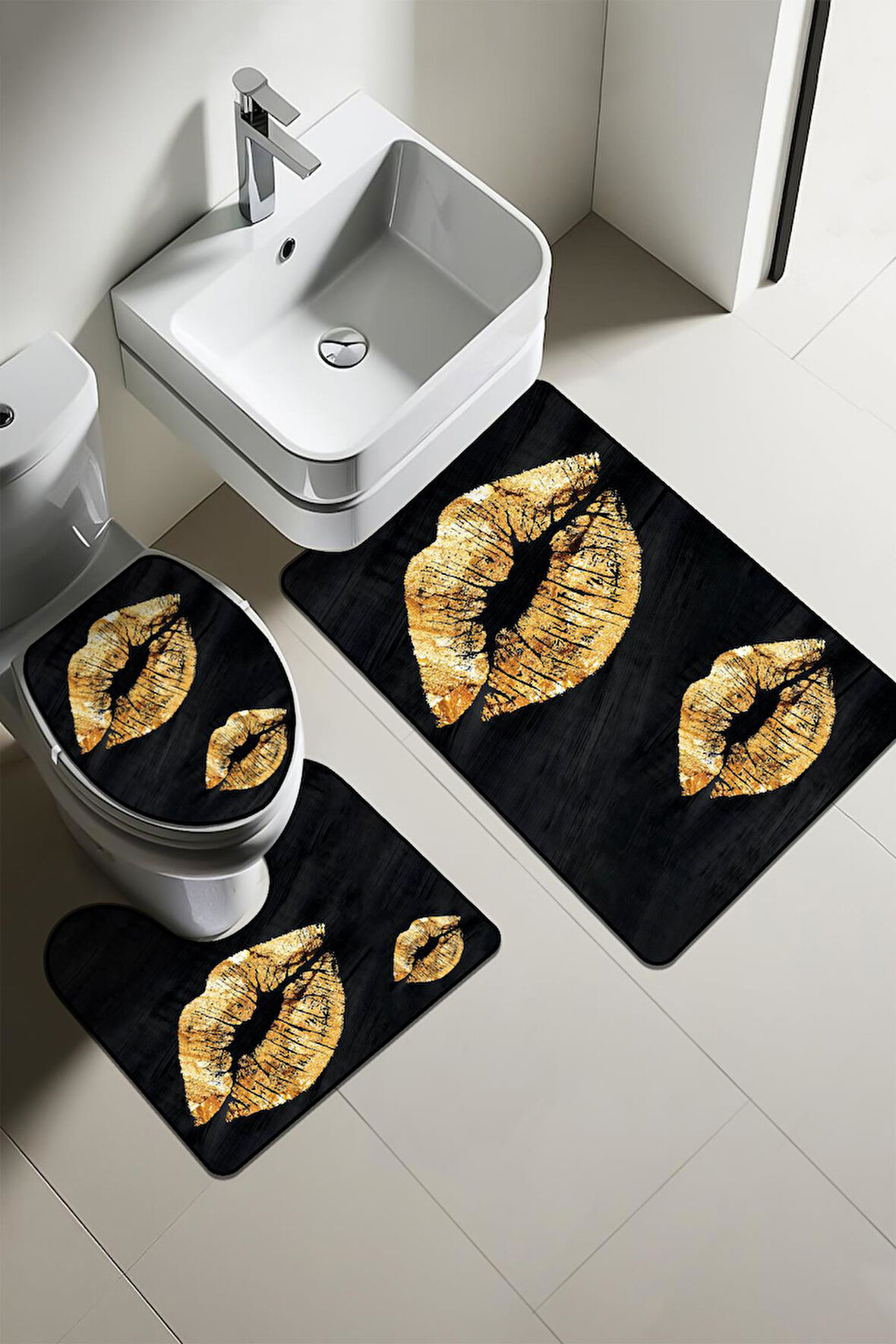 Modern Desenli Dijital Baskı 3’lü Banyo Paspas Takımı Yıkanabilir Kaymaz Tabanlı Klozet Takımı KLZ0029