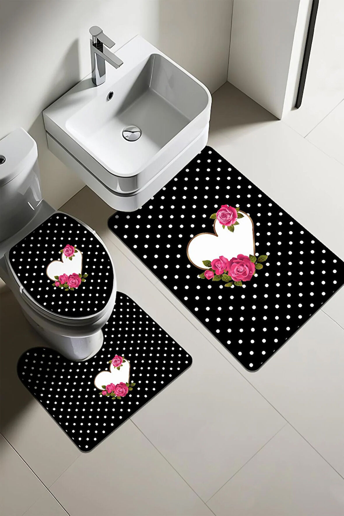 Modern Desenli Dijital Baskı 3’lü Banyo Paspas Takımı Yıkanabilir Kaymaz Tabanlı Klozet Takımı KLZ0031