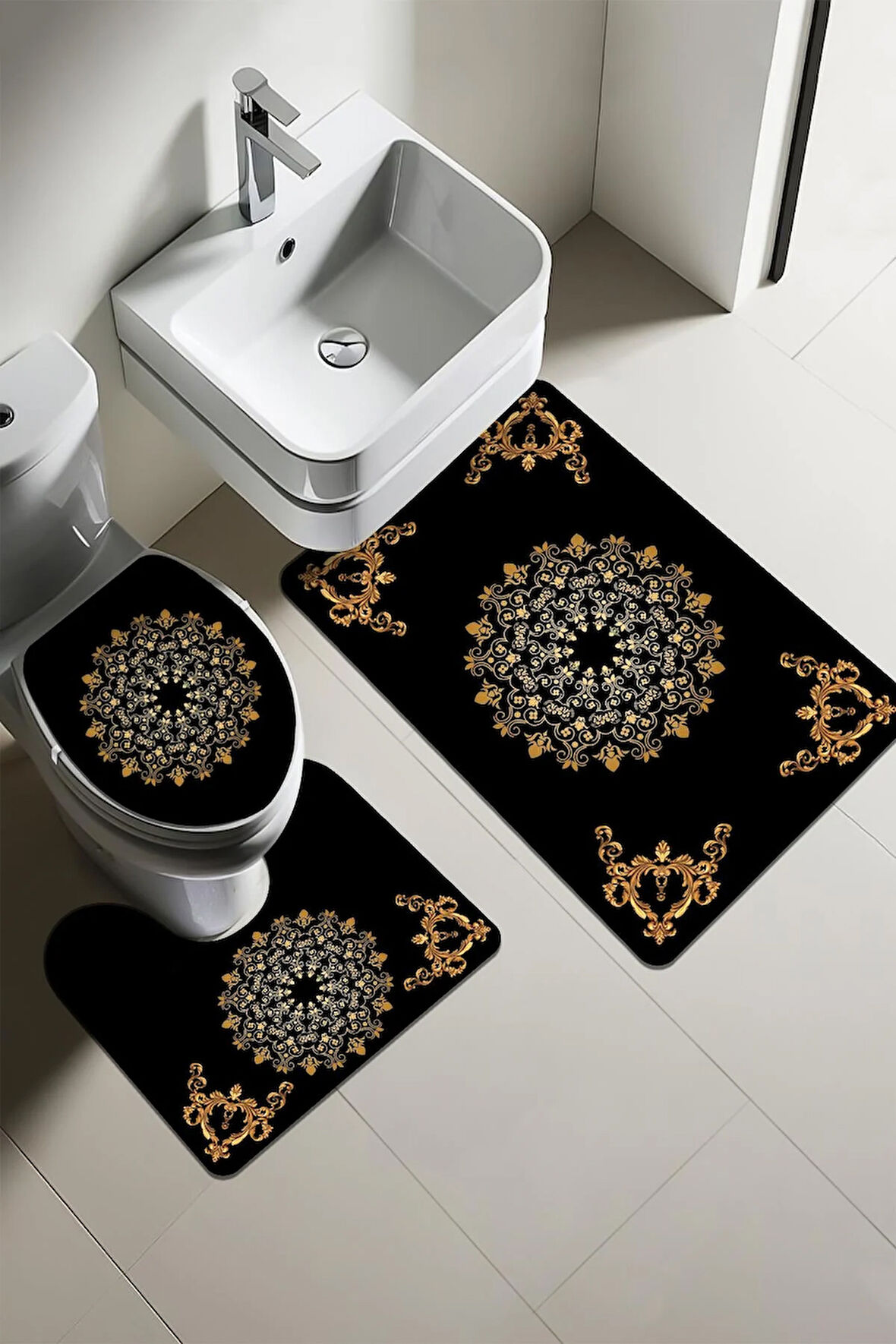 Modern Desenli Dijital Baskı 3’lü Banyo Paspas Takımı Yıkanabilir Kaymaz Tabanlı Klozet Takımı KLZ0032