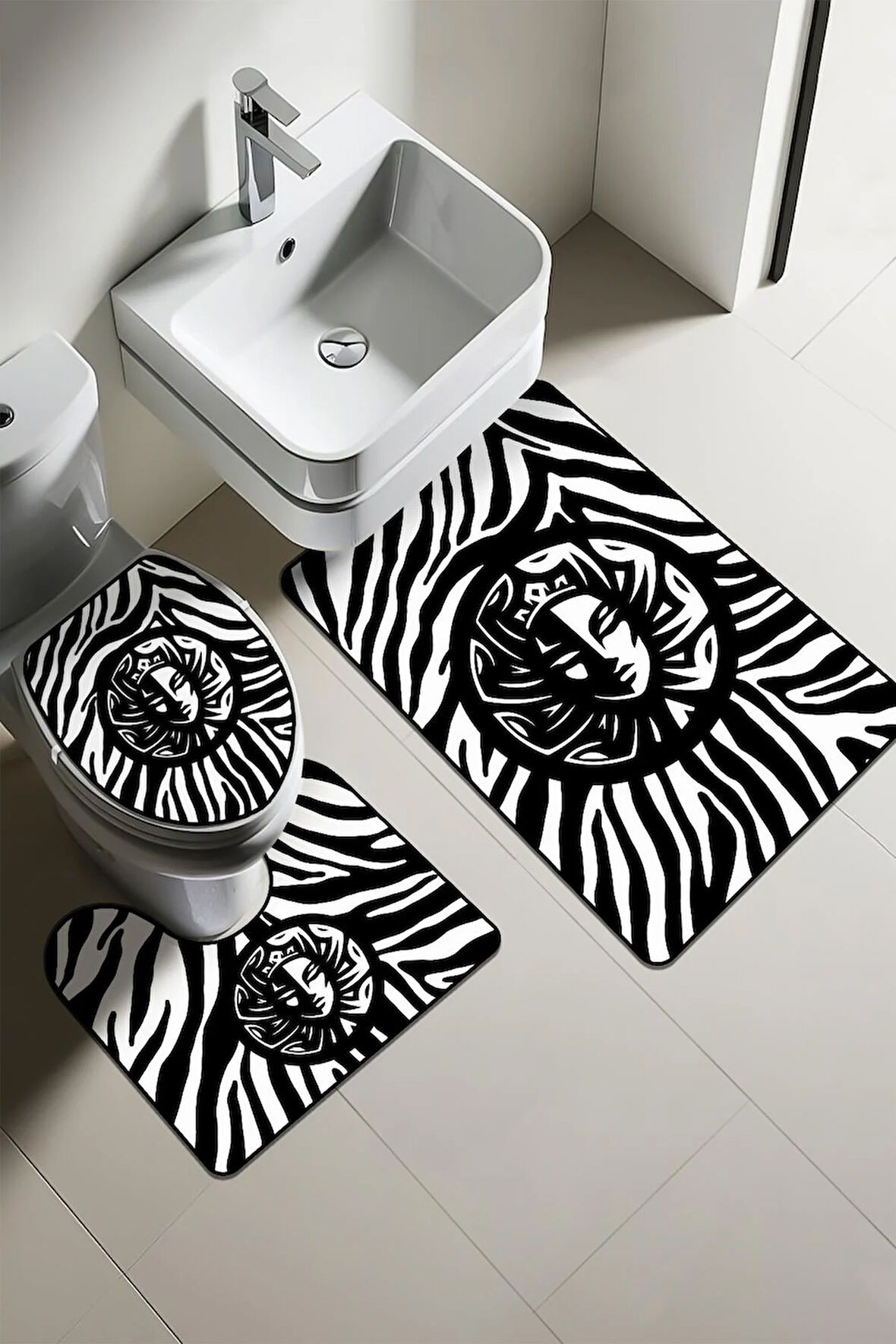 Modern Desenli Dijital Baskı 3’lü Banyo Paspas Takımı Yıkanabilir Kaymaz Tabanlı Klozet Takımı KLZ0034