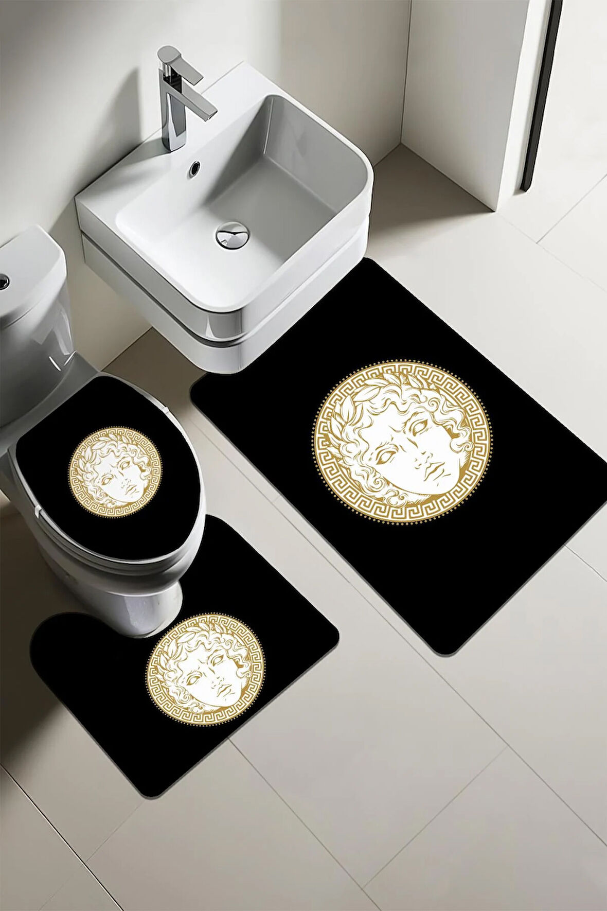 Modern Desenli Dijital Baskı 3’lü Banyo Paspas Takımı Yıkanabilir Kaymaz Tabanlı Klozet Takımı KLZ0035