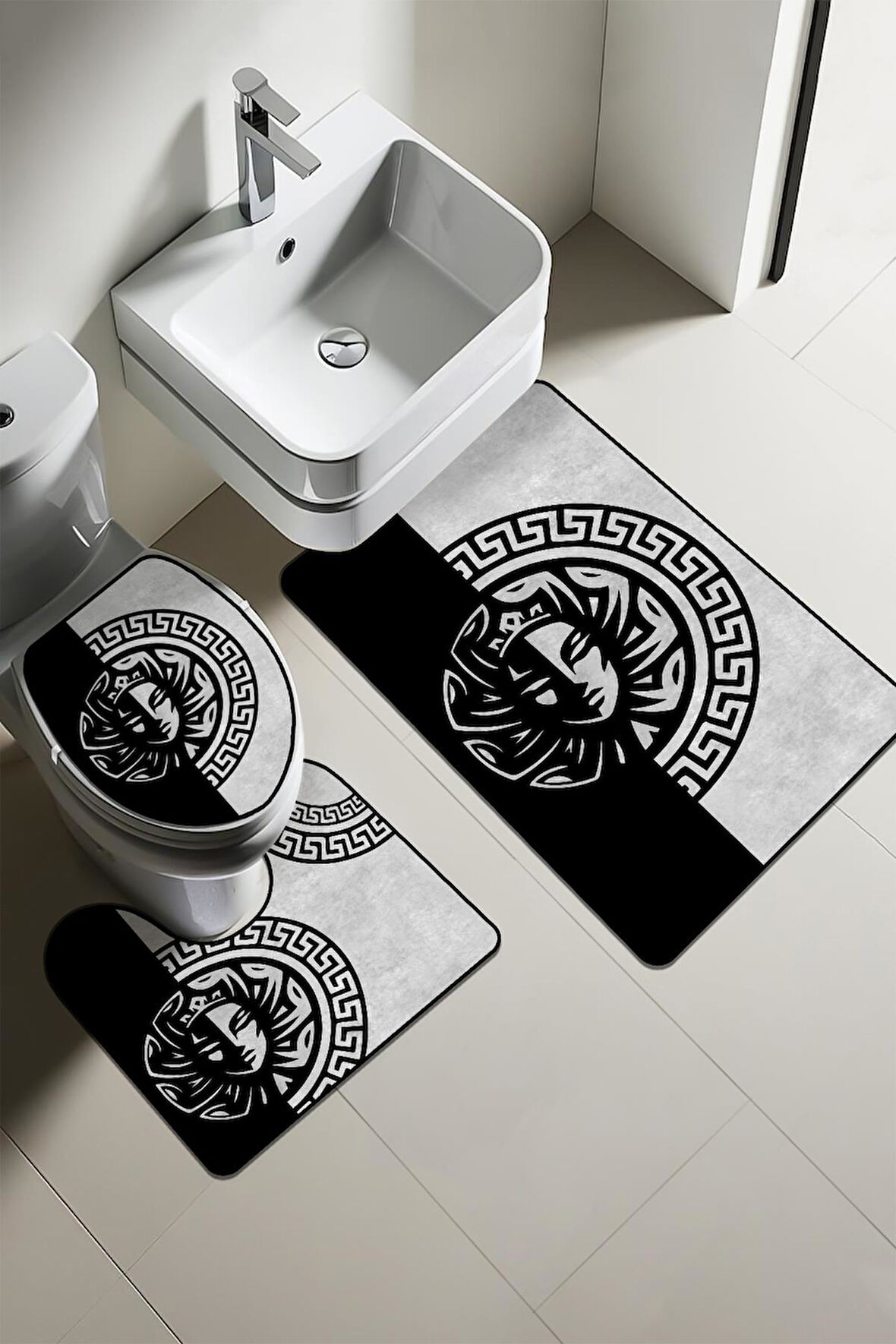 Modern Desenli Dijital Baskı 3’lü Banyo Paspas Takımı Yıkanabilir Kaymaz Tabanlı Klozet Takımı KLZ0037