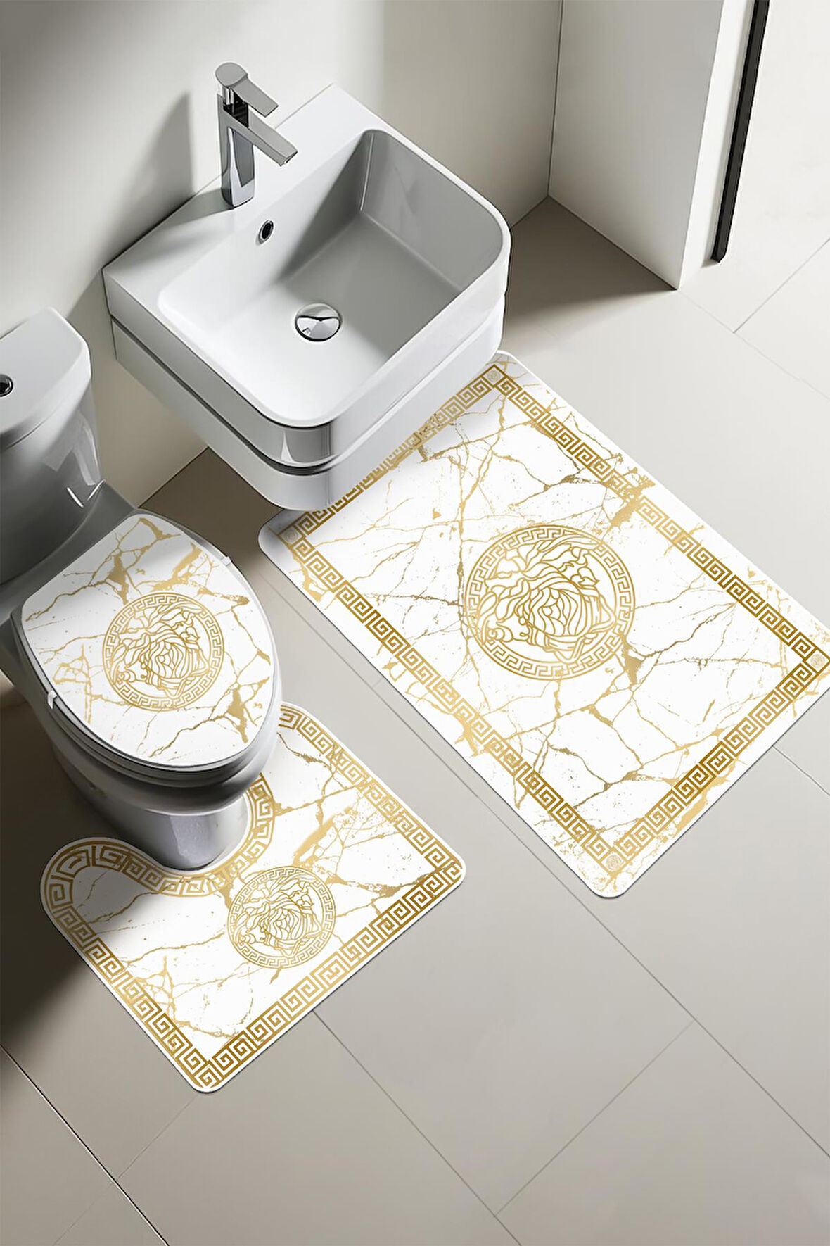 Modern Desenli Dijital Baskı 3’lü Banyo Paspas Takımı Yıkanabilir Kaymaz Tabanlı Klozet Takımı KLZ0039