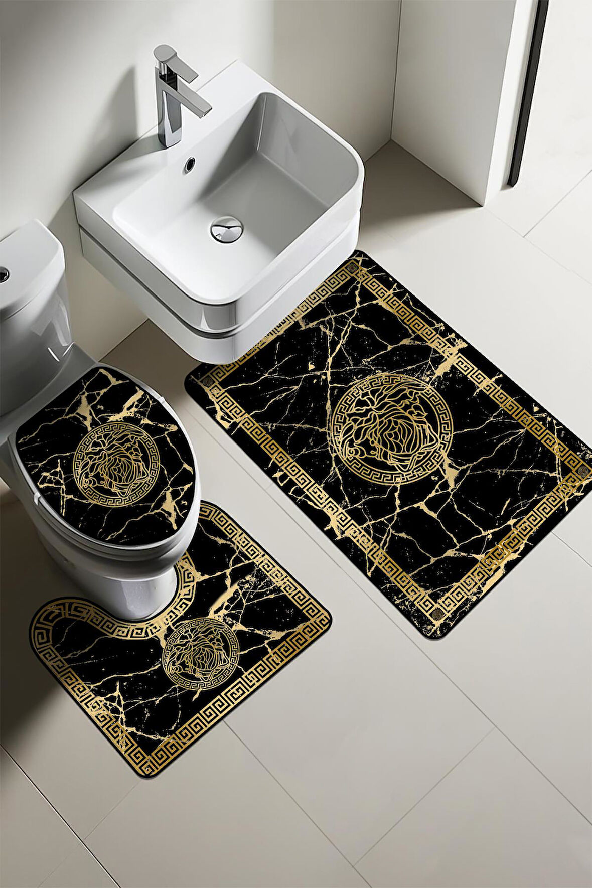 Modern Desenli Dijital Baskı 3’lü Banyo Paspas Takımı Yıkanabilir Kaymaz Tabanlı Klozet Takımı KLZ0040