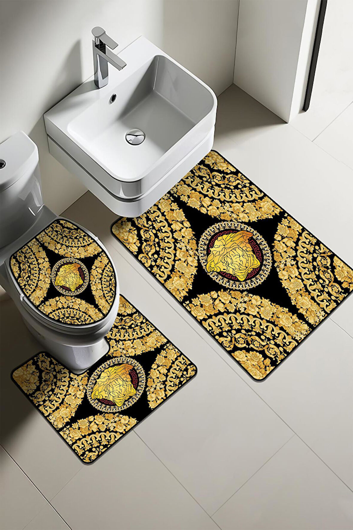 Modern Desenli Dijital Baskı 3’lü Banyo Paspas Takımı Yıkanabilir Kaymaz Tabanlı Klozet Takımı KLZ0041