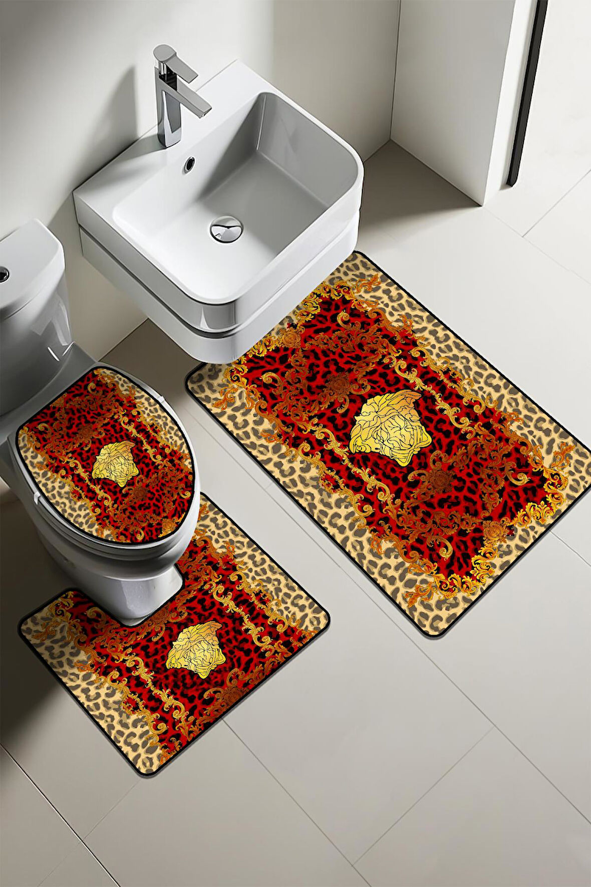 Modern Desenli Dijital Baskı 3’lü Banyo Paspas Takımı Yıkanabilir Kaymaz Tabanlı Klozet Takımı KLZ0042