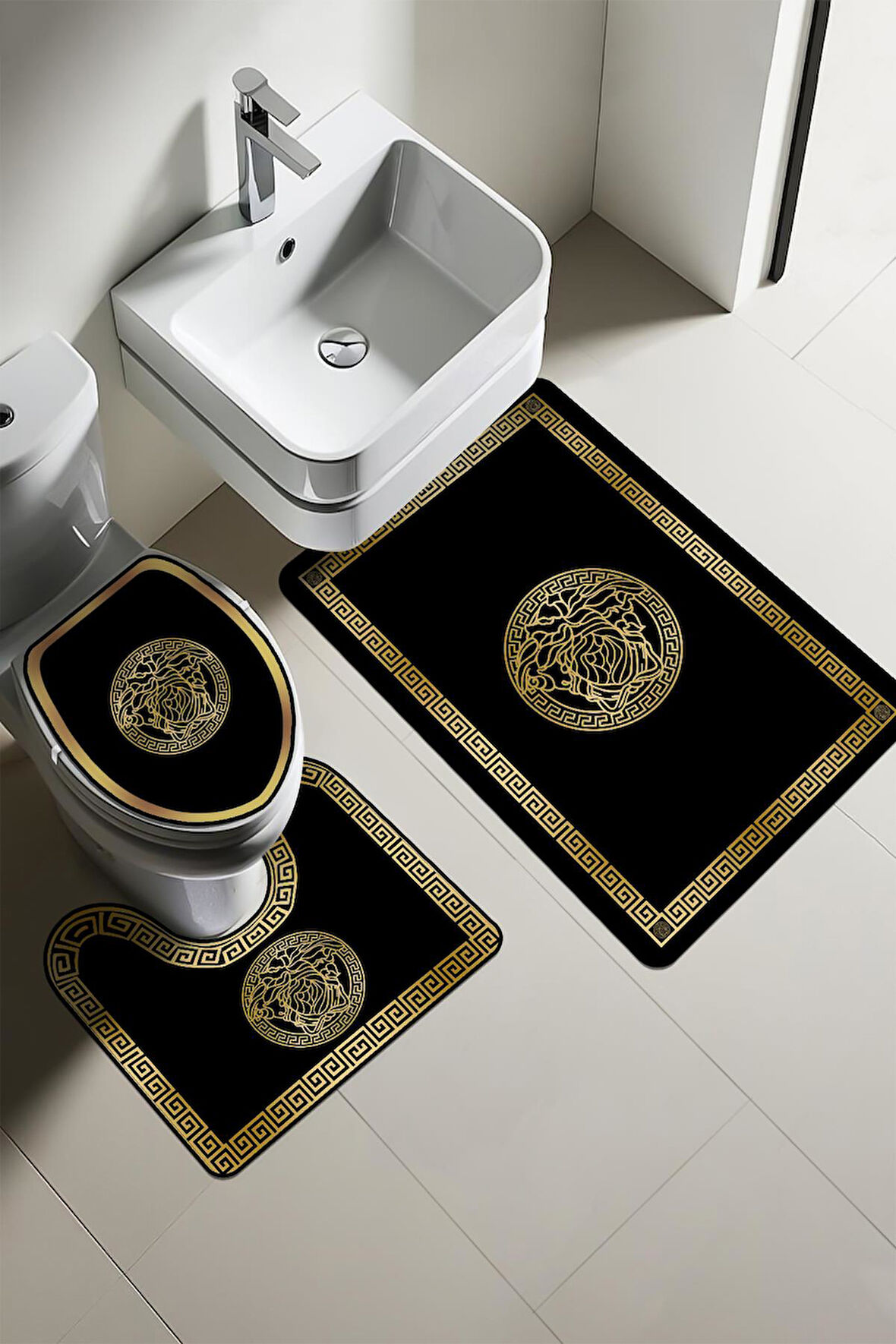 Modern Desenli Dijital Baskı 3’lü Banyo Paspas Takımı Yıkanabilir Kaymaz Tabanlı Klozet Takımı KLZ0043