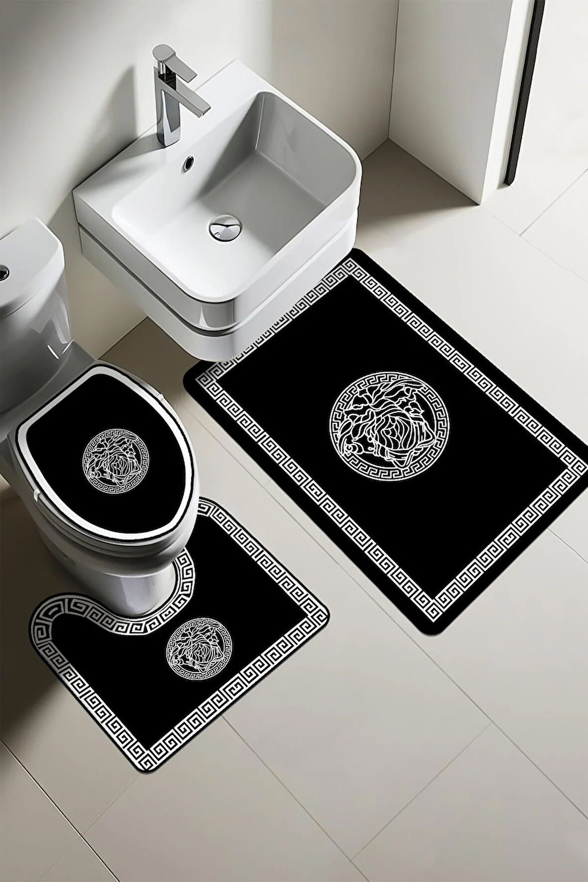 Modern Desenli Dijital Baskı 3’lü Banyo Paspas Takımı Yıkanabilir Kaymaz Tabanlı Klozet Takımı KLZ0044