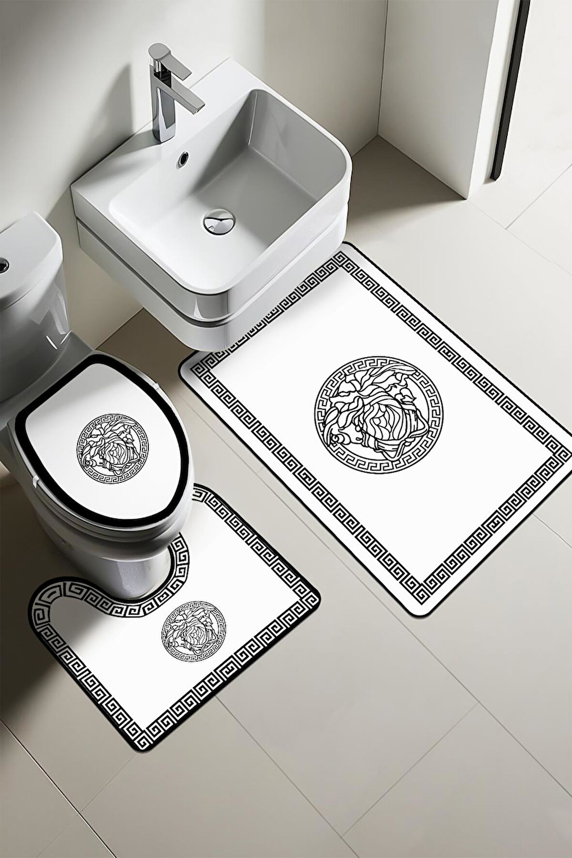 Modern Desenli Dijital Baskı 3’lü Banyo Paspas Takımı Yıkanabilir Kaymaz Tabanlı Klozet Takımı KLZ0045