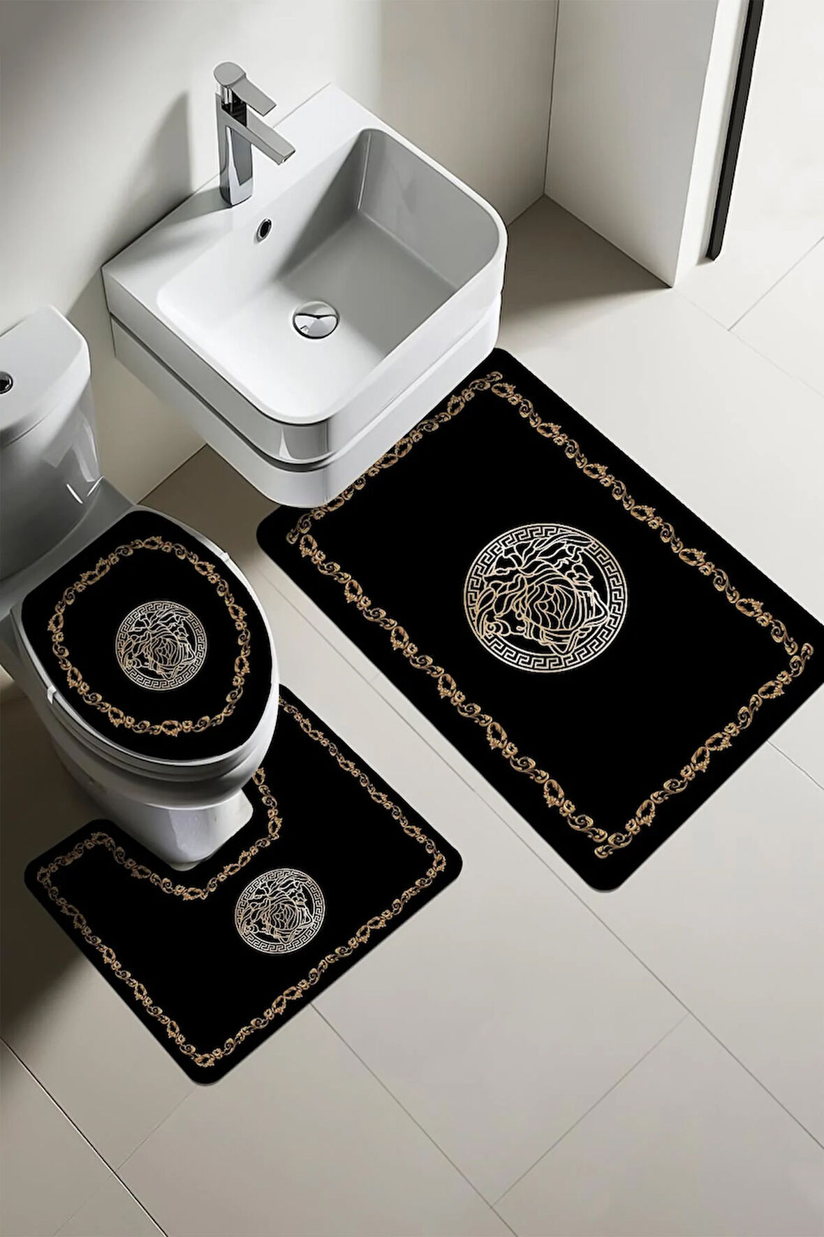 Modern Desenli Dijital Baskı 3’lü Banyo Paspas Takımı Yıkanabilir Kaymaz Tabanlı Klozet Takımı KLZ0046