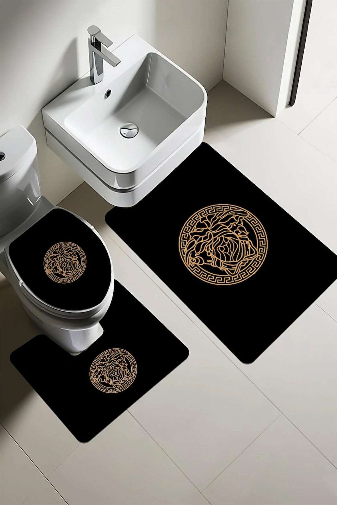 Modern Desenli Dijital Baskı 3’lü Banyo Paspas Takımı Yıkanabilir Kaymaz Tabanlı Klozet Takımı KLZ0047