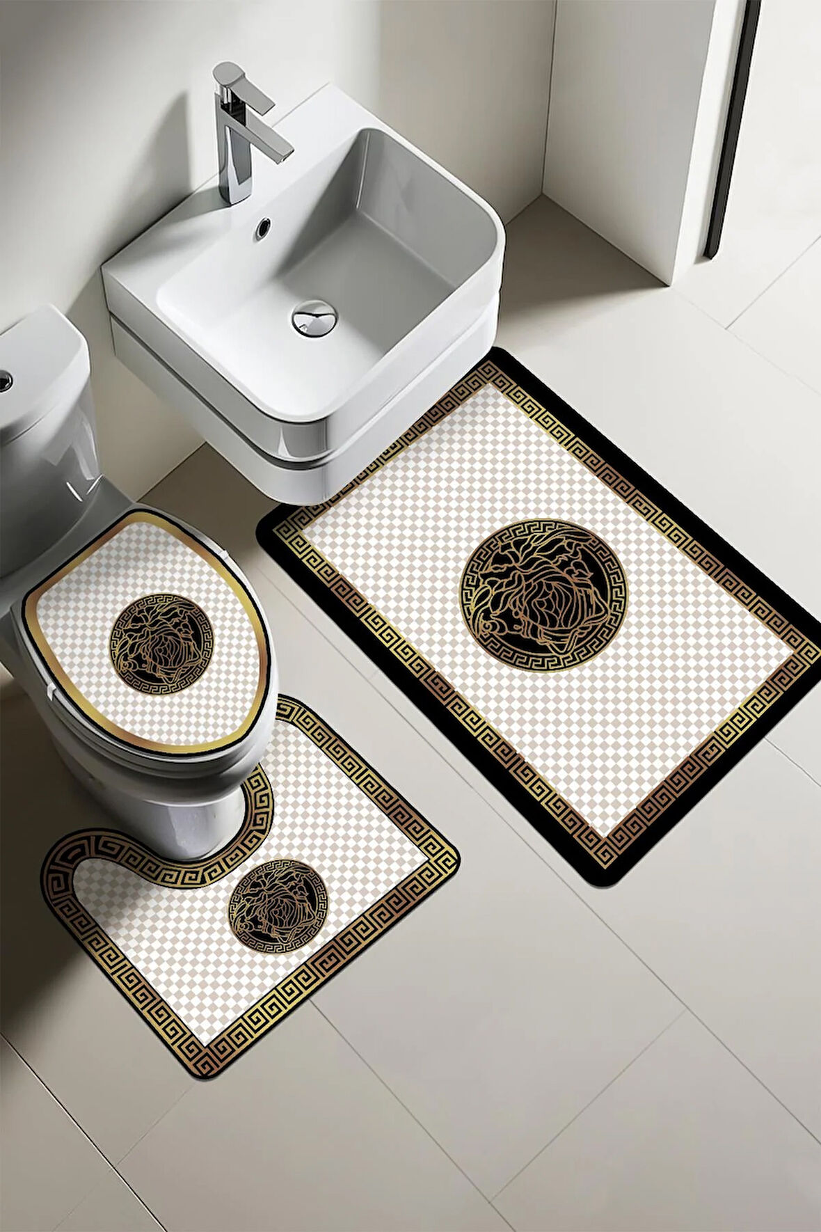 Modern Desenli Dijital Baskı 3’lü Banyo Paspas Takımı Yıkanabilir Kaymaz Tabanlı Klozet Takımı KLZ0048