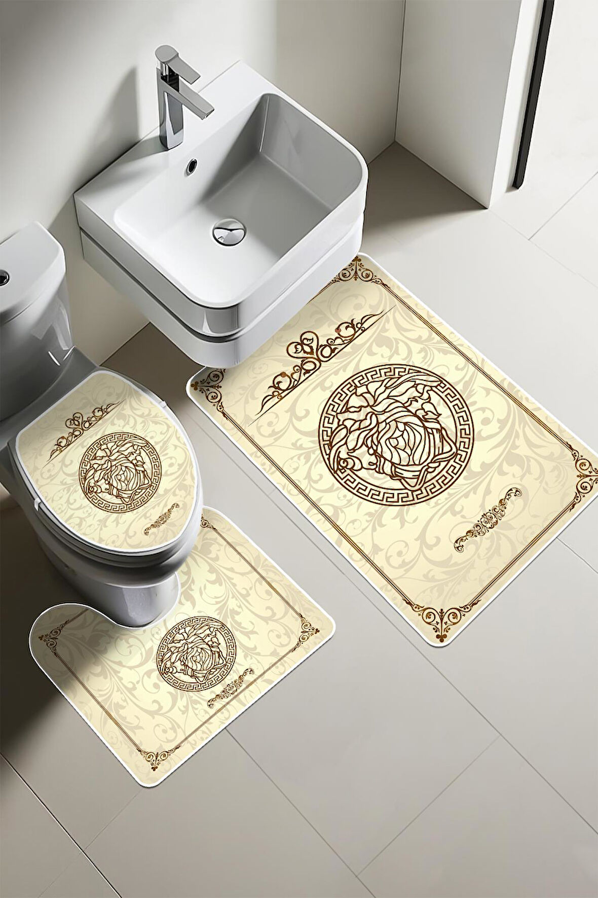 Modern Desenli Dijital Baskı 3’lü Banyo Paspas Takımı Yıkanabilir Kaymaz Tabanlı Klozet Takımı KLZ0049