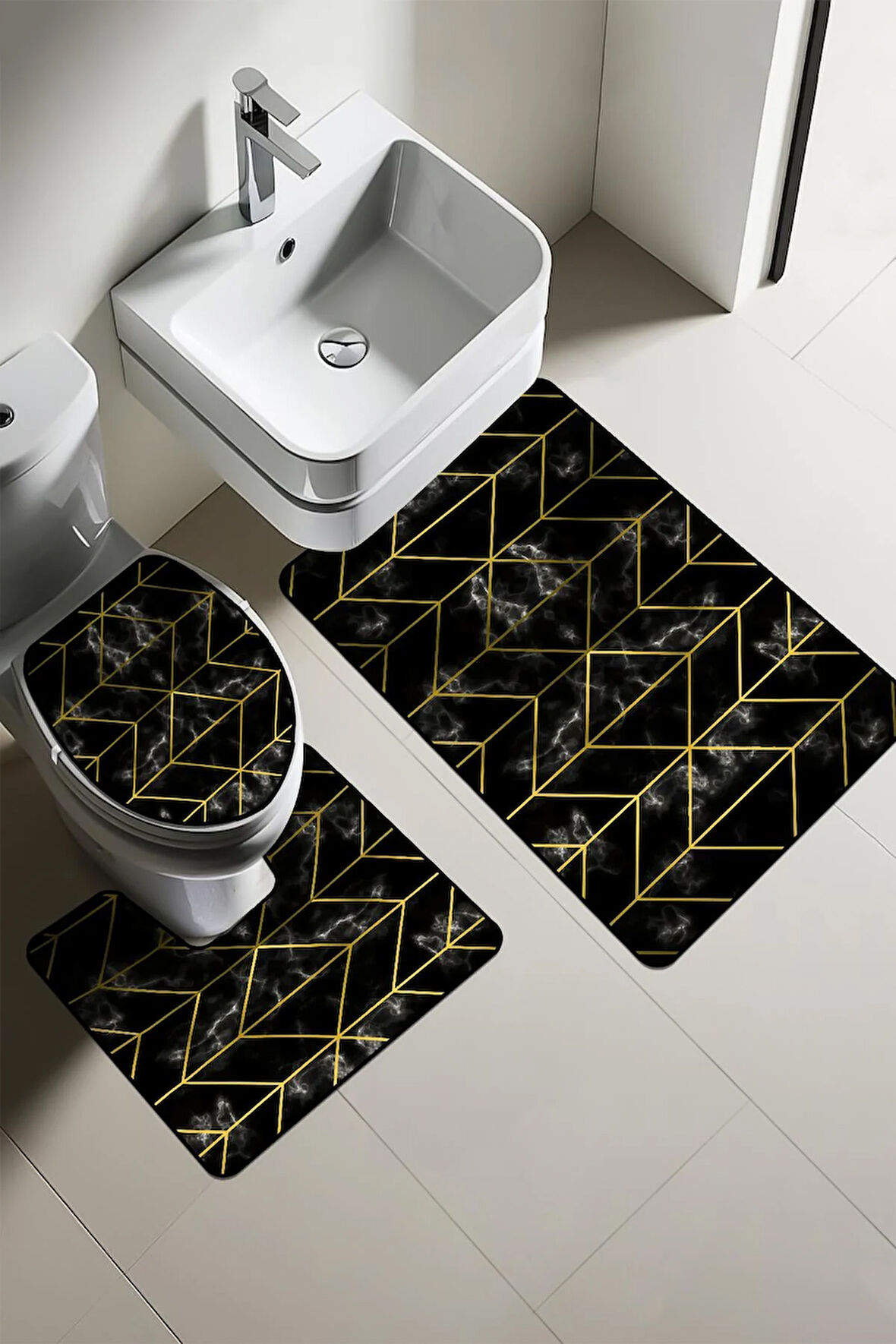 Modern Desenli Dijital Baskı 3’lü Banyo Paspas Takımı Yıkanabilir Kaymaz Tabanlı Klozet Takımı KLZ0050