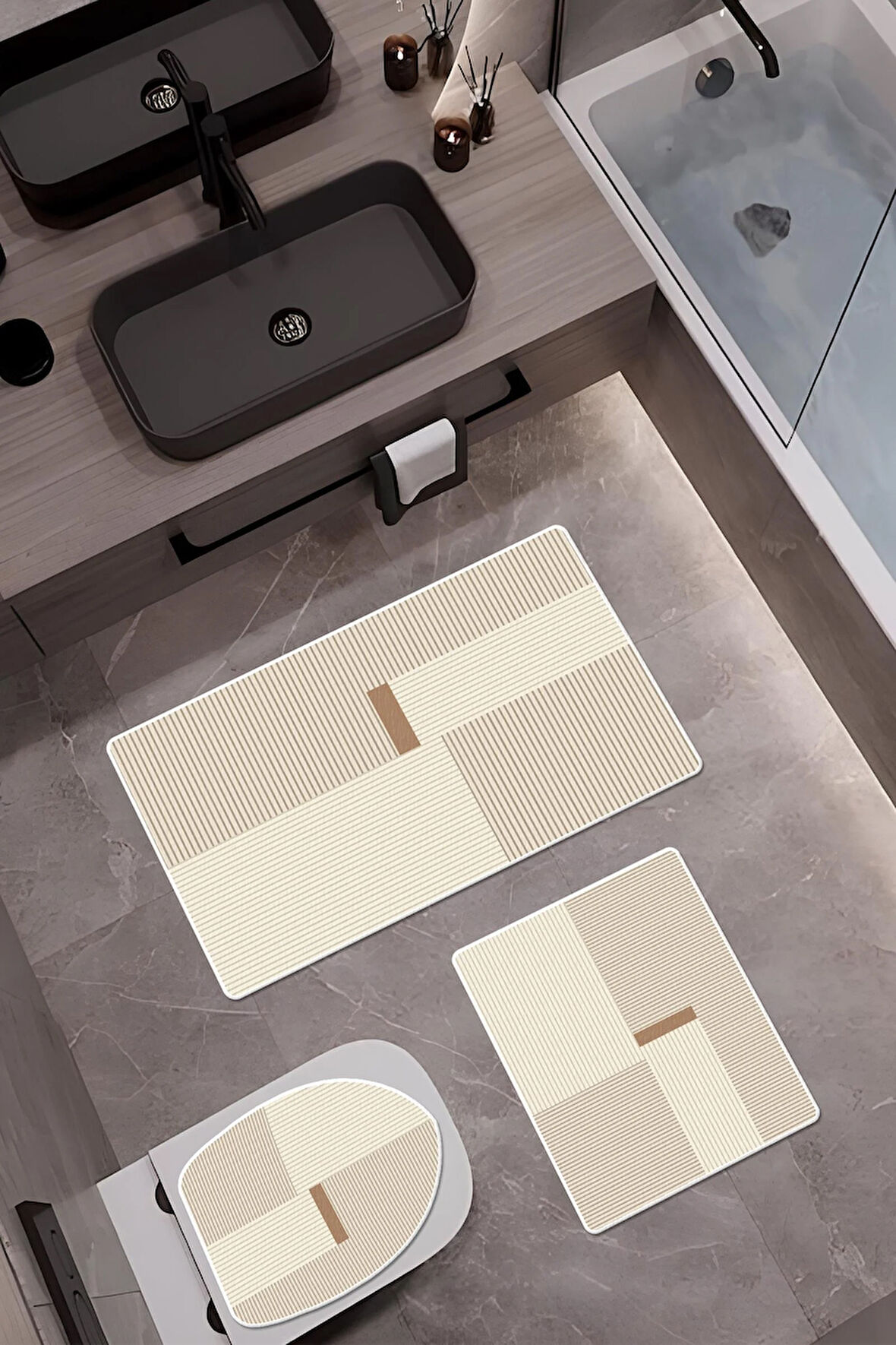 Bambu Kumaş Kaymaz Tabanlı Yıkanabilir 3'lü Klozet Takımı Dijital Baskı Banyo Paspas Seti BKLZ0001