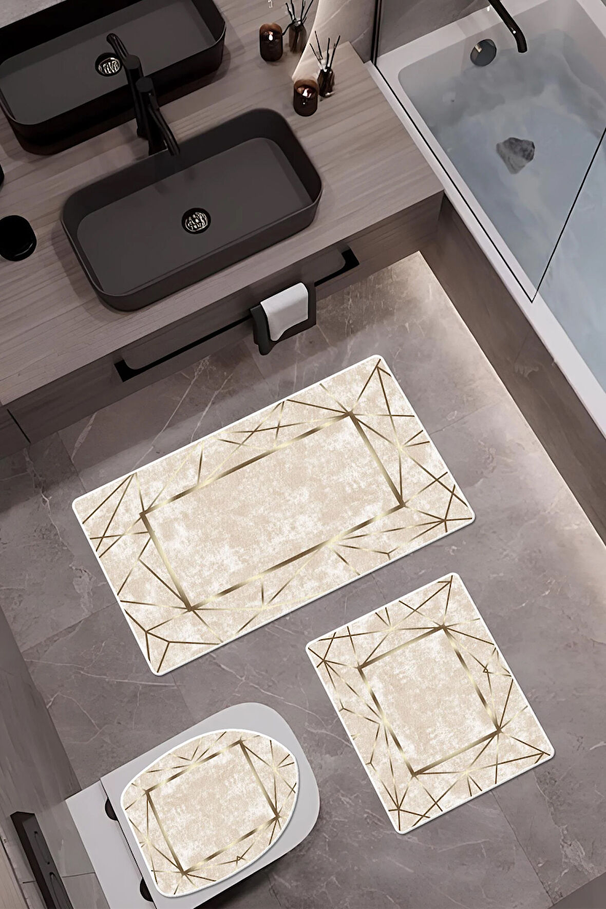 Bambu Kumaş Kaymaz Tabanlı Yıkanabilir 3'lü Klozet Takımı Dijital Baskı Banyo Paspas Seti BKLZ0003