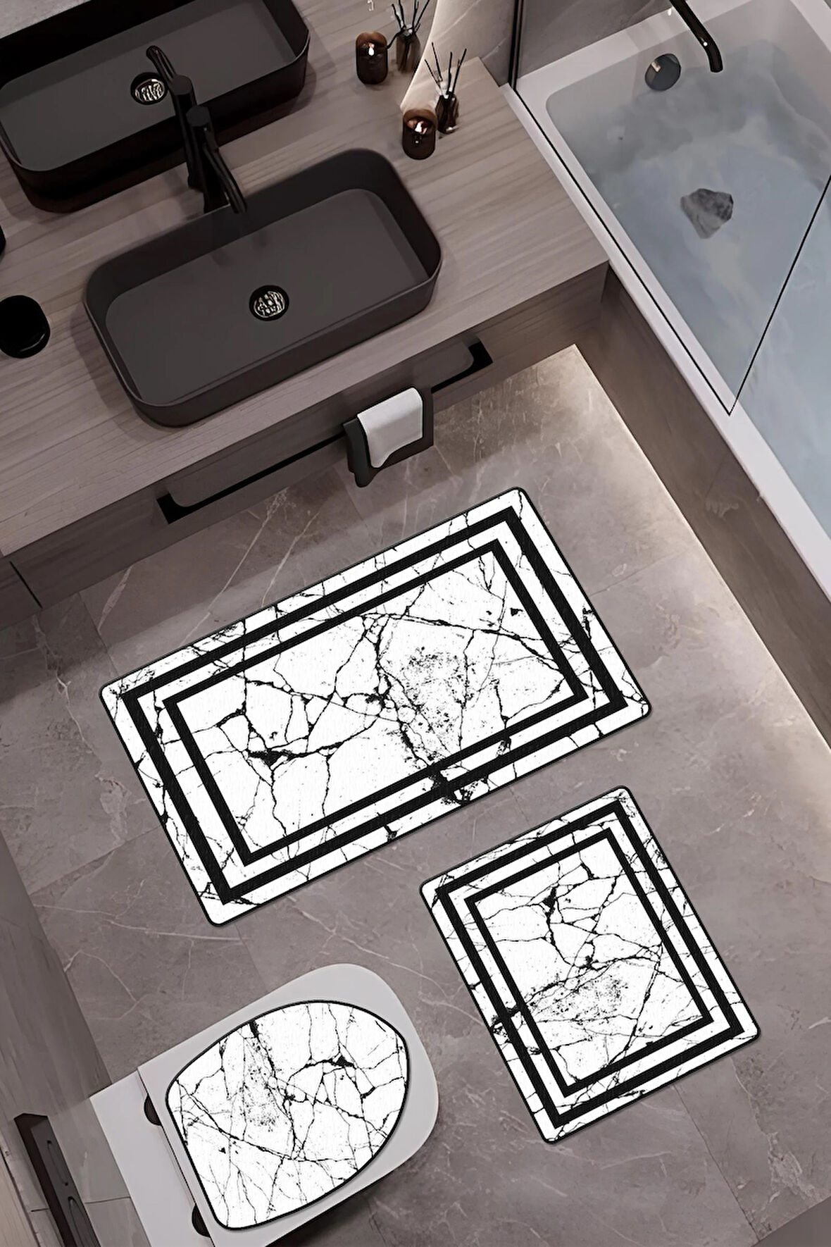 Bambu Kumaş Kaymaz Tabanlı Yıkanabilir 3'lü Klozet Takımı Dijital Baskı Banyo Paspas Seti BKLZ0005