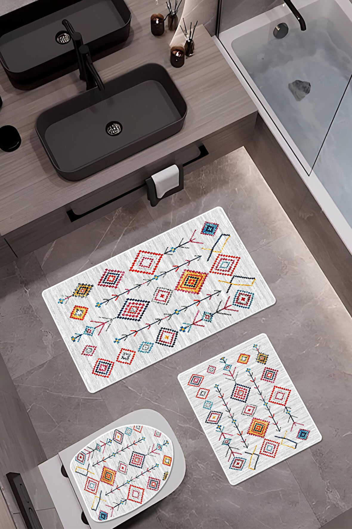 Bambu Kumaş Kaymaz Tabanlı Yıkanabilir 3'lü Klozet Takımı Dijital Baskı Banyo Paspas Seti BKLZ0006