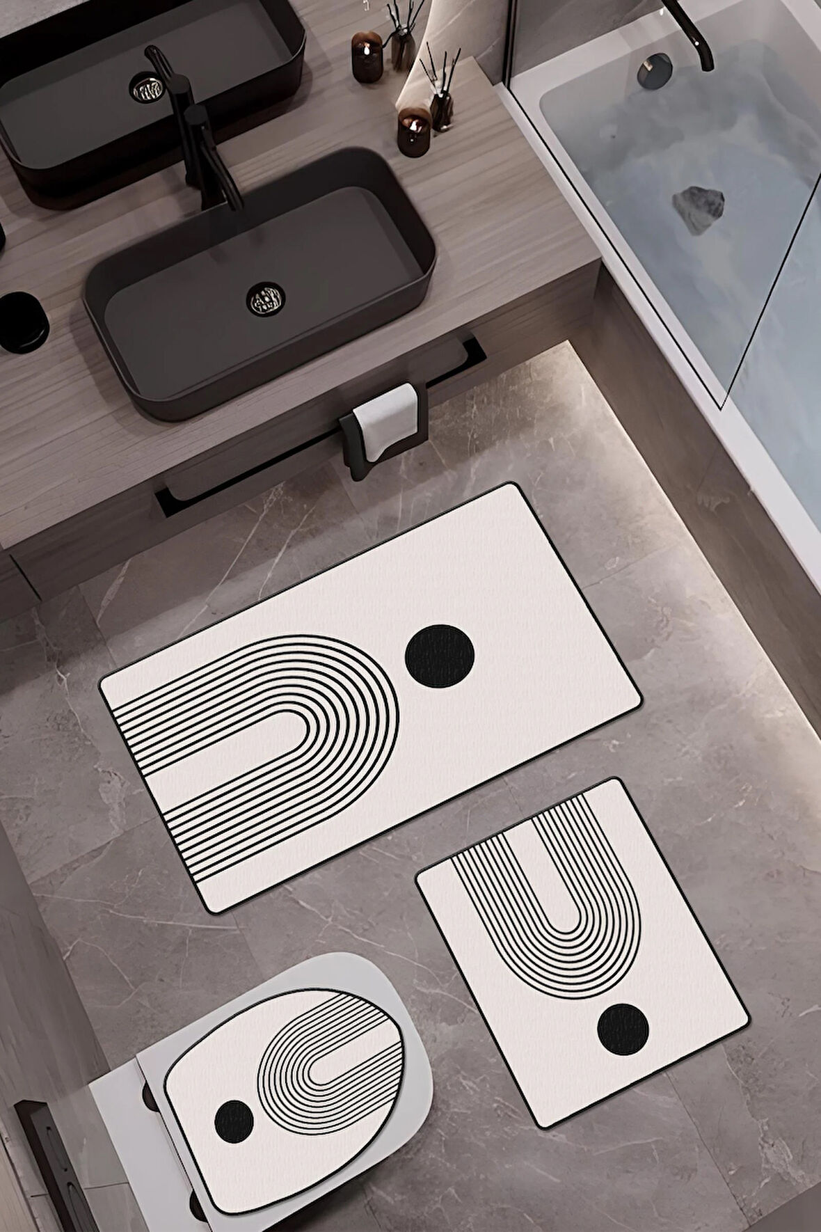 Bambu Kumaş Kaymaz Tabanlı Yıkanabilir 3'lü Klozet Takımı Dijital Baskı Banyo Paspas Seti BKLZ0008