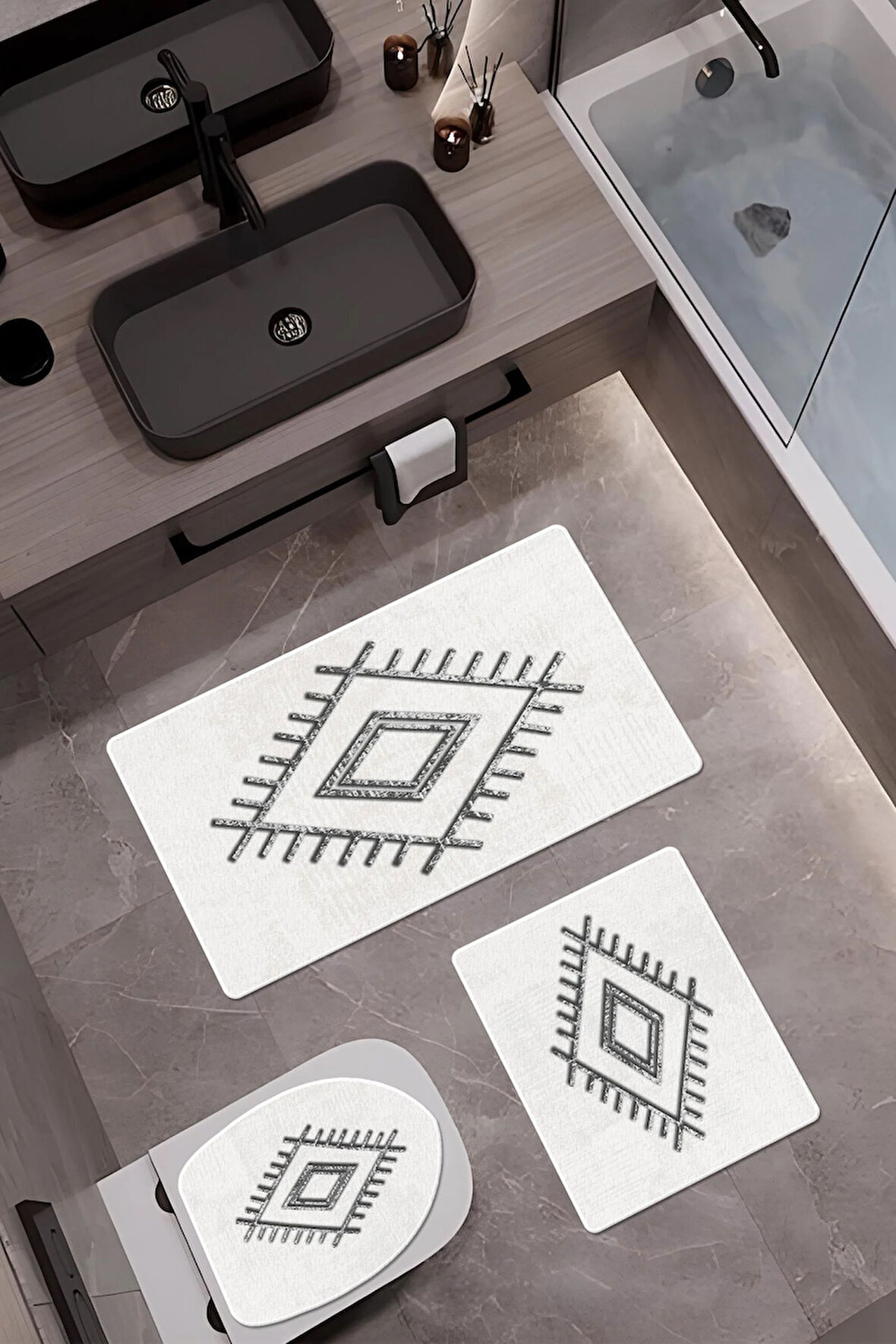 Bambu Kumaş Kaymaz Tabanlı Yıkanabilir 3'lü Klozet Takımı Dijital Baskı Banyo Paspas Seti BKLZ0009