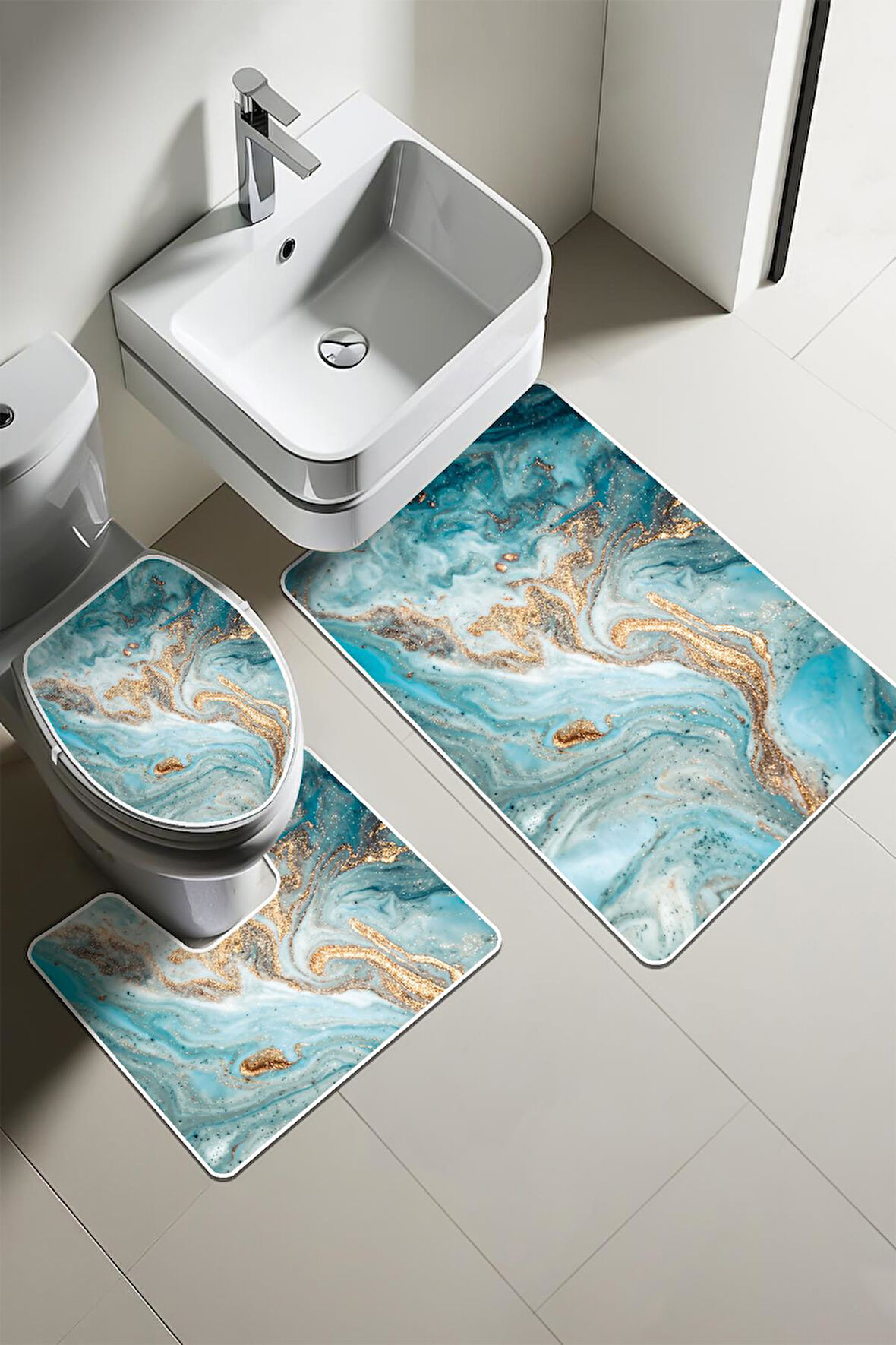 Modern Desenli Dijital Baskı 3’lü Banyo Paspas Takımı Yıkanabilir Kaymaz Tabanlı Klozet Takımı KLZ0052