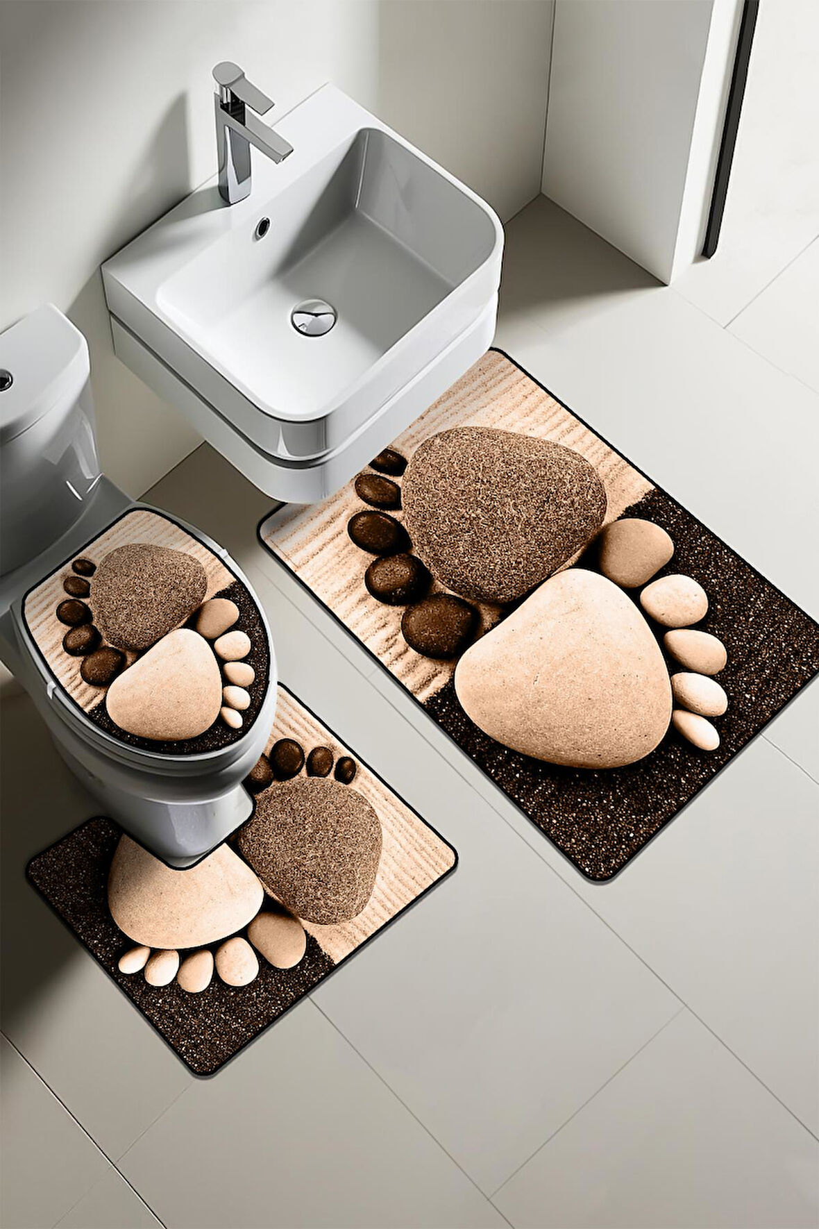 Modern Desenli Dijital Baskı 3’lü Banyo Paspas Takımı Yıkanabilir Kaymaz Tabanlı Klozet Takımı KLZ0055