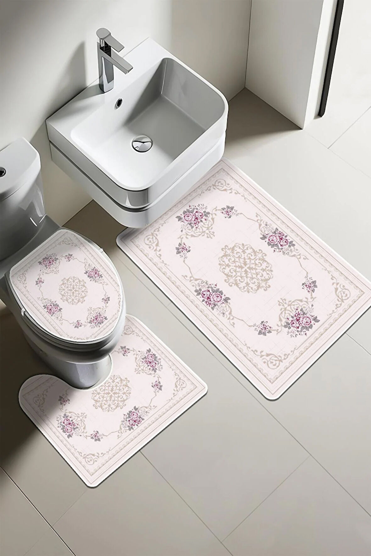 Modern Desenli Dijital Baskı 3’lü Banyo Paspas Takımı Yıkanabilir Kaymaz Tabanlı Klozet Takımı KLZ0056